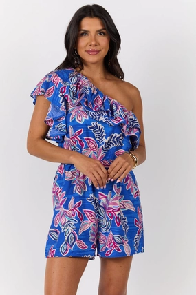 Body Flow Radiating Beauty Blue Multi One Shoulder Ruffle Romper FINAL SALE