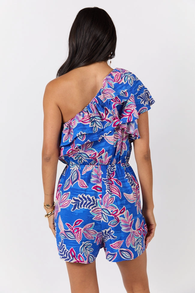Mixed Fabric Radiating Beauty Blue Multi One Shoulder Ruffle Romper FINAL SALE