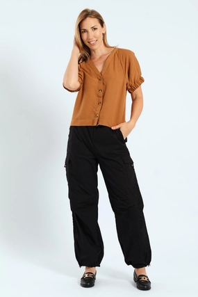 Raglan Puff Sleeve Button Through Blouse - Tobacco Breathable Linen Blend NonToxicCoating