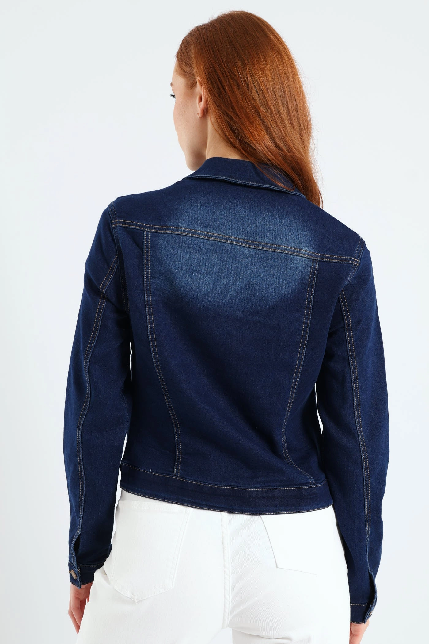 Long Sleeve Classic Knit Denim Trucker Jacket - Dark Wash Double Layered Stretchable Fabric
