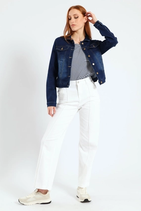 Long Sleeve Classic Knit Denim Trucker Jacket - Dark Wash Eco Friendly Textile