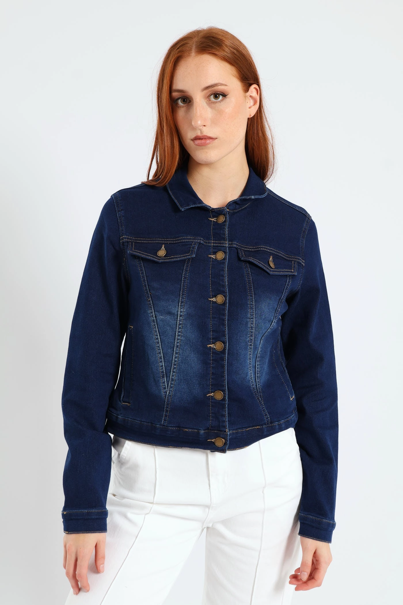 Long Sleeve Classic Knit Denim Trucker Jacket - Dark Wash ElasticCuffs