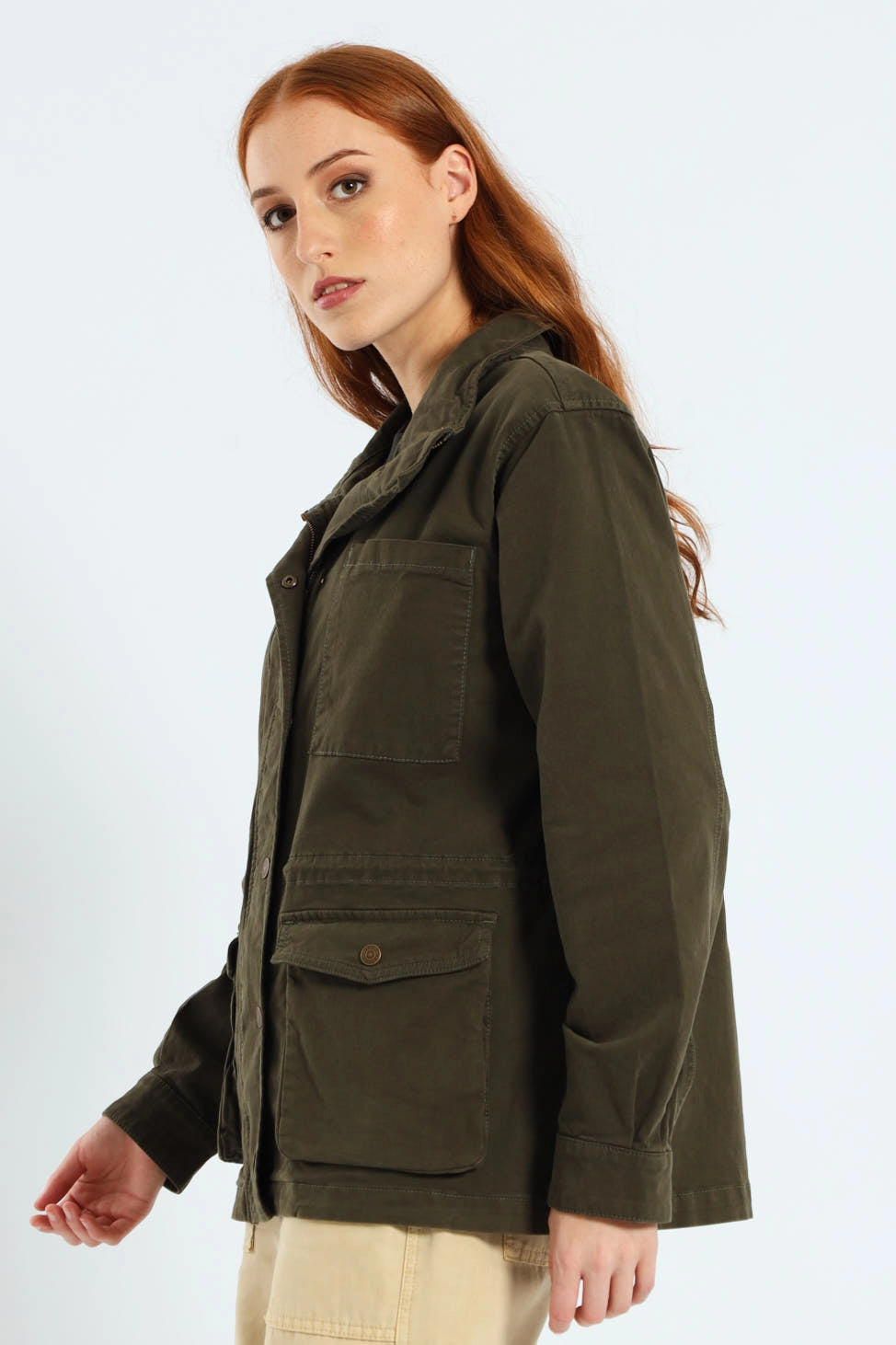 Karlie Utility Jacket - Military Green Bonded Closure Mechanism Hooded Attachment