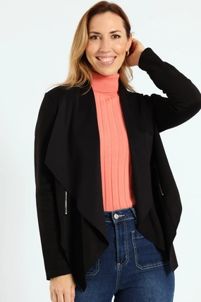 Long Sleeve Suede Waterfall Jacket With Zip Detail - Black Layered construction Travel Must