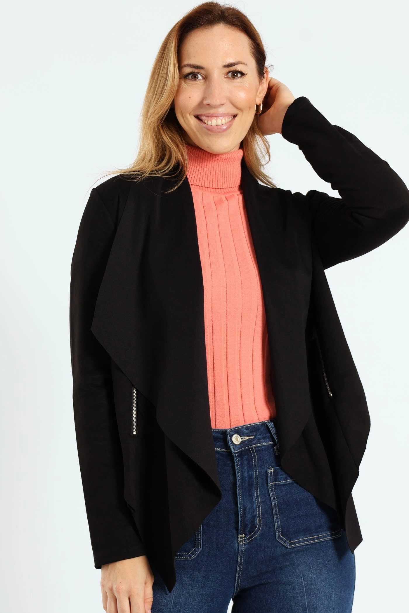 Long Sleeve Suede Waterfall Jacket With Zip Detail - Black Layered construction Travel Must