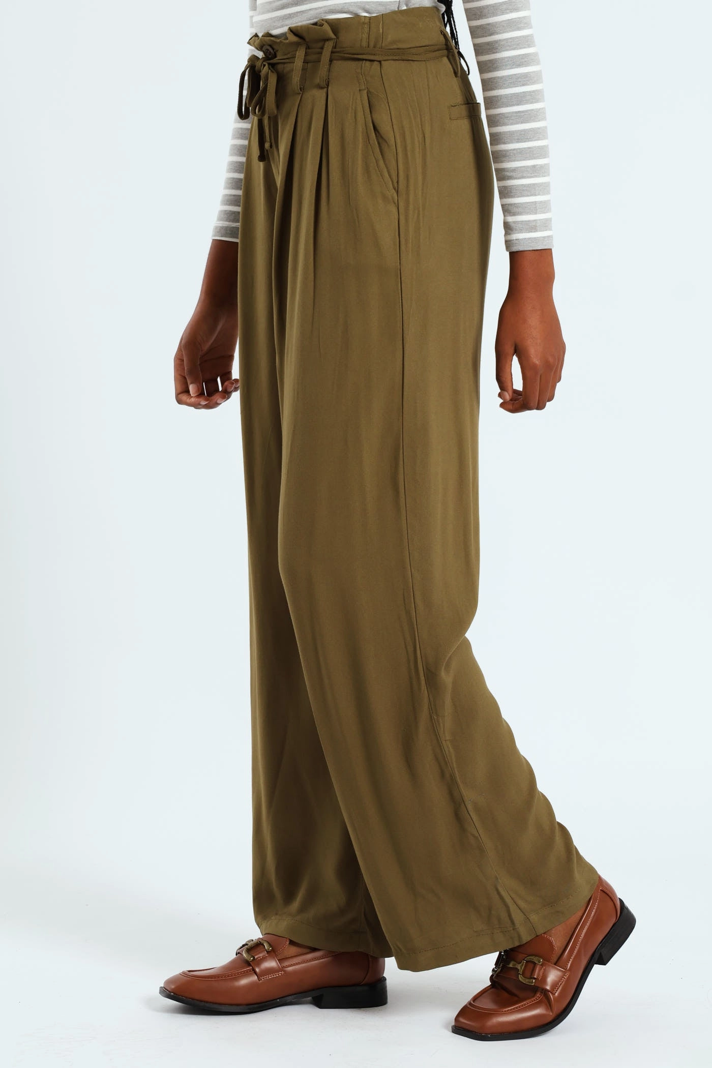 Soft Brush Lining Paperbag Self Belt Wideleg Pant - Fatigue