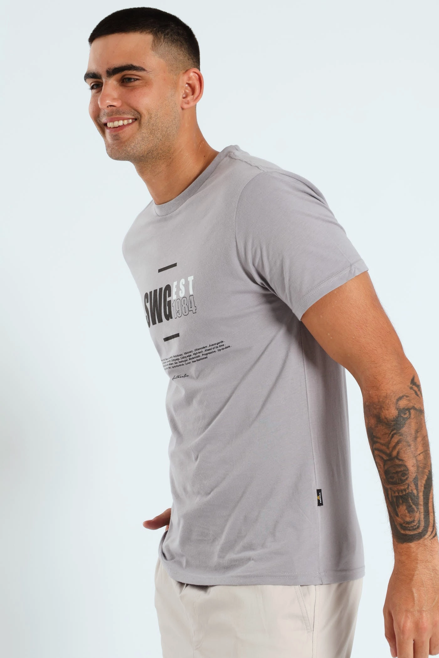 Soft and Lightweight Active Look Short Sleeve Basic Print T-Shirt - Light Grey