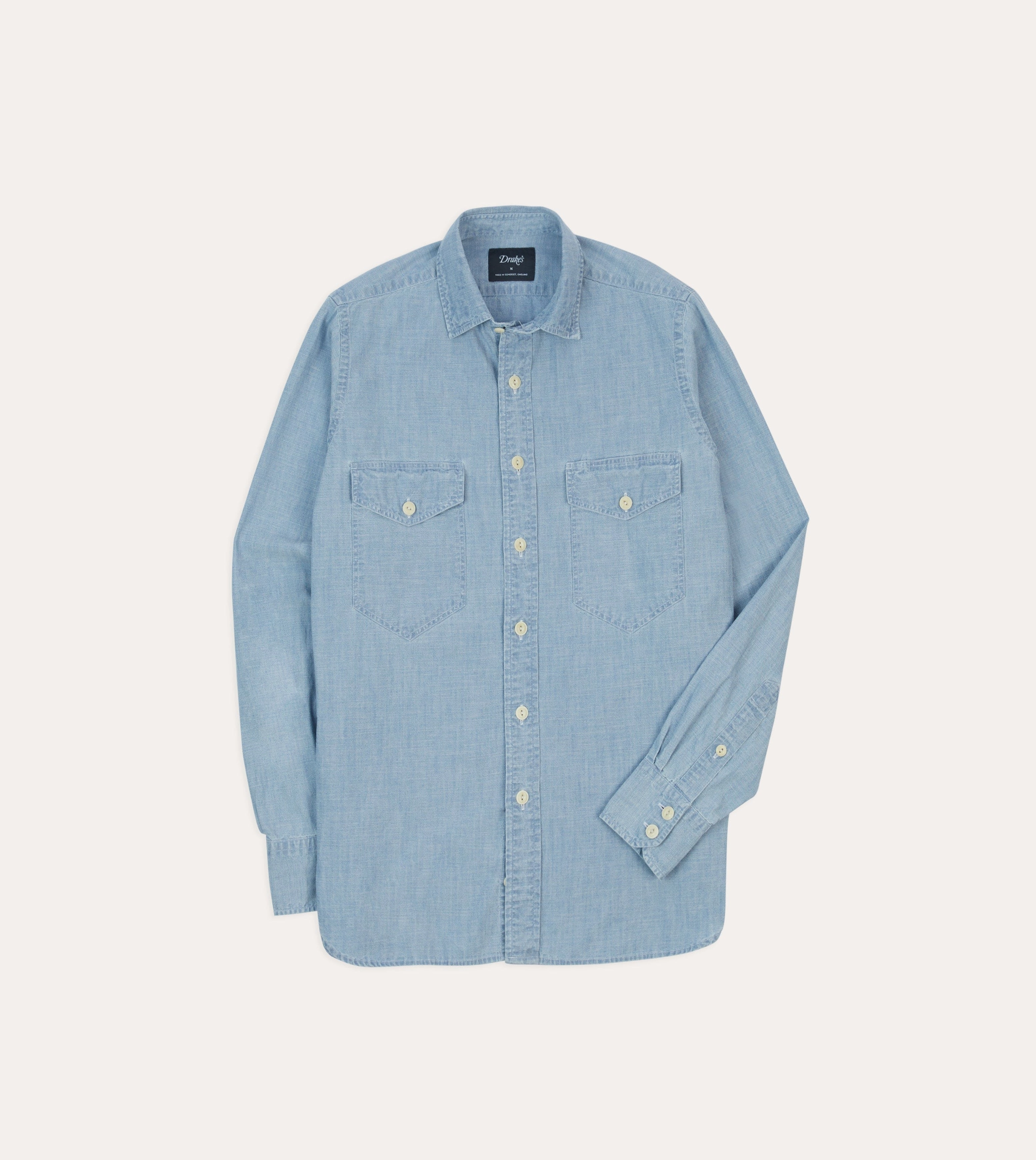 Blue Cotton Chambray Two-Pocket Work Shirt Tailored Cut