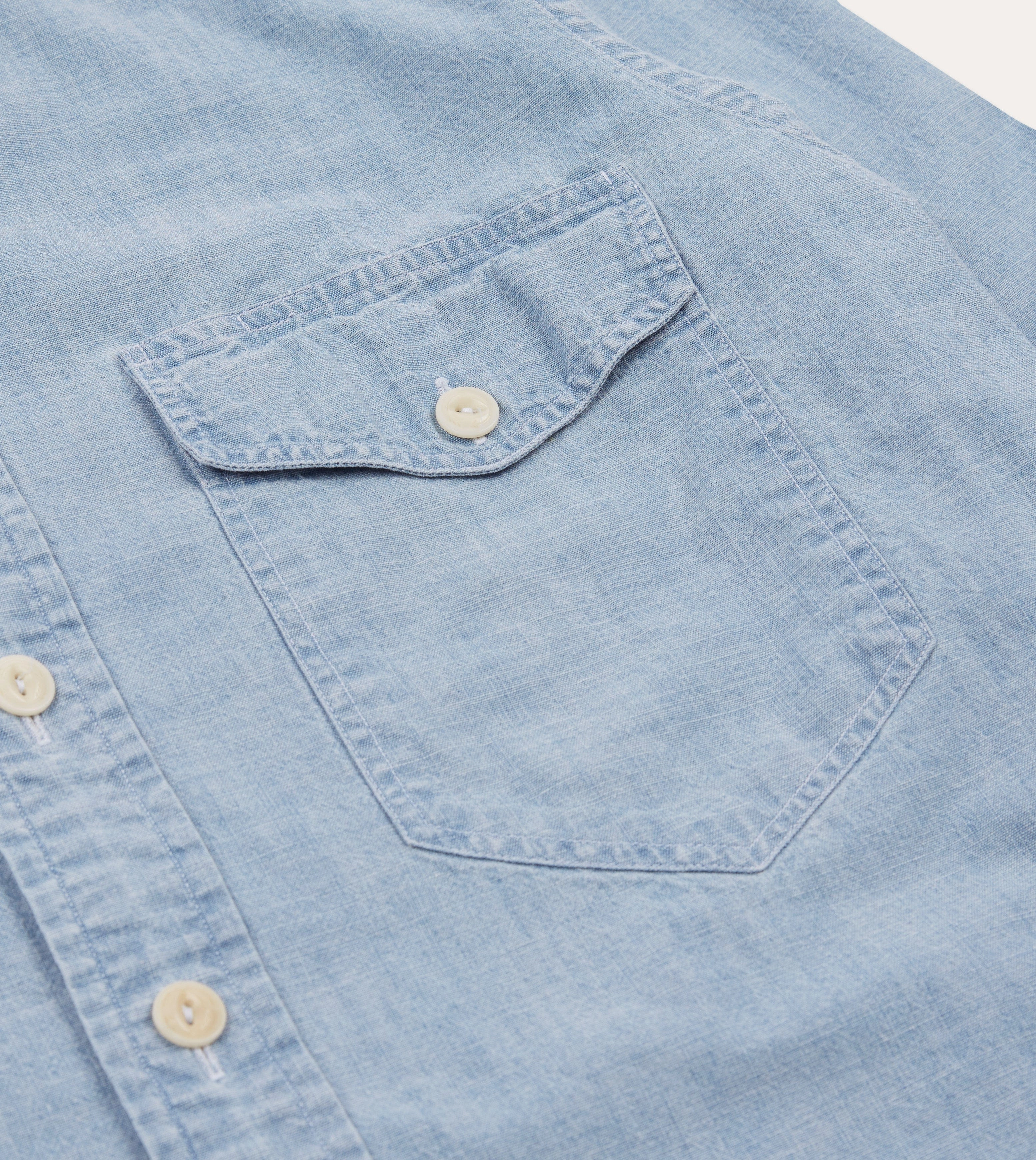 Sustainable Manufacturing Process Odorless Binding Tape Blue Cotton Chambray Two-Pocket Work Shirt