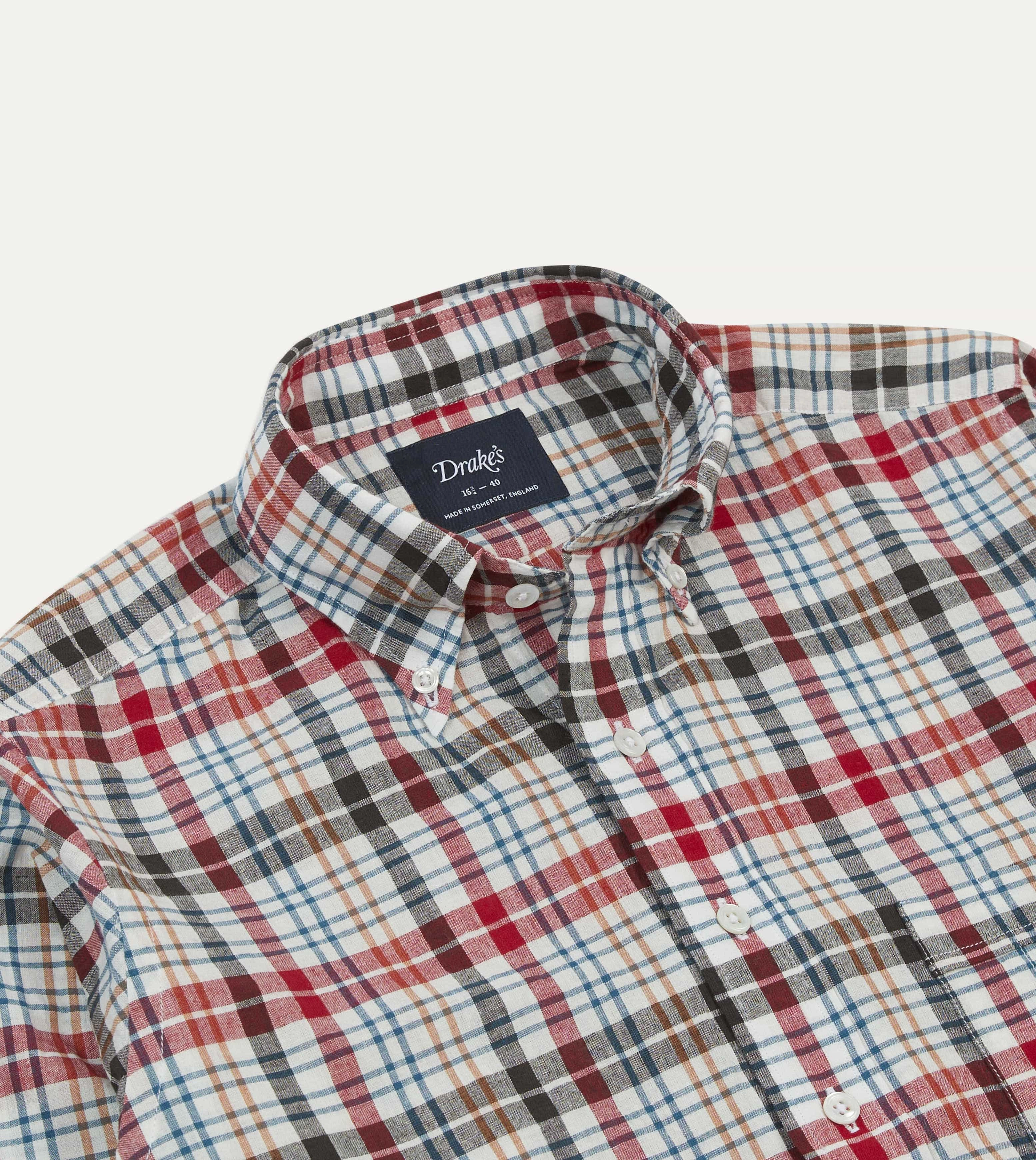 Midweight Textile Anti Pilling Surface Red and Black Madras Check Cotton Button-Down Shirt