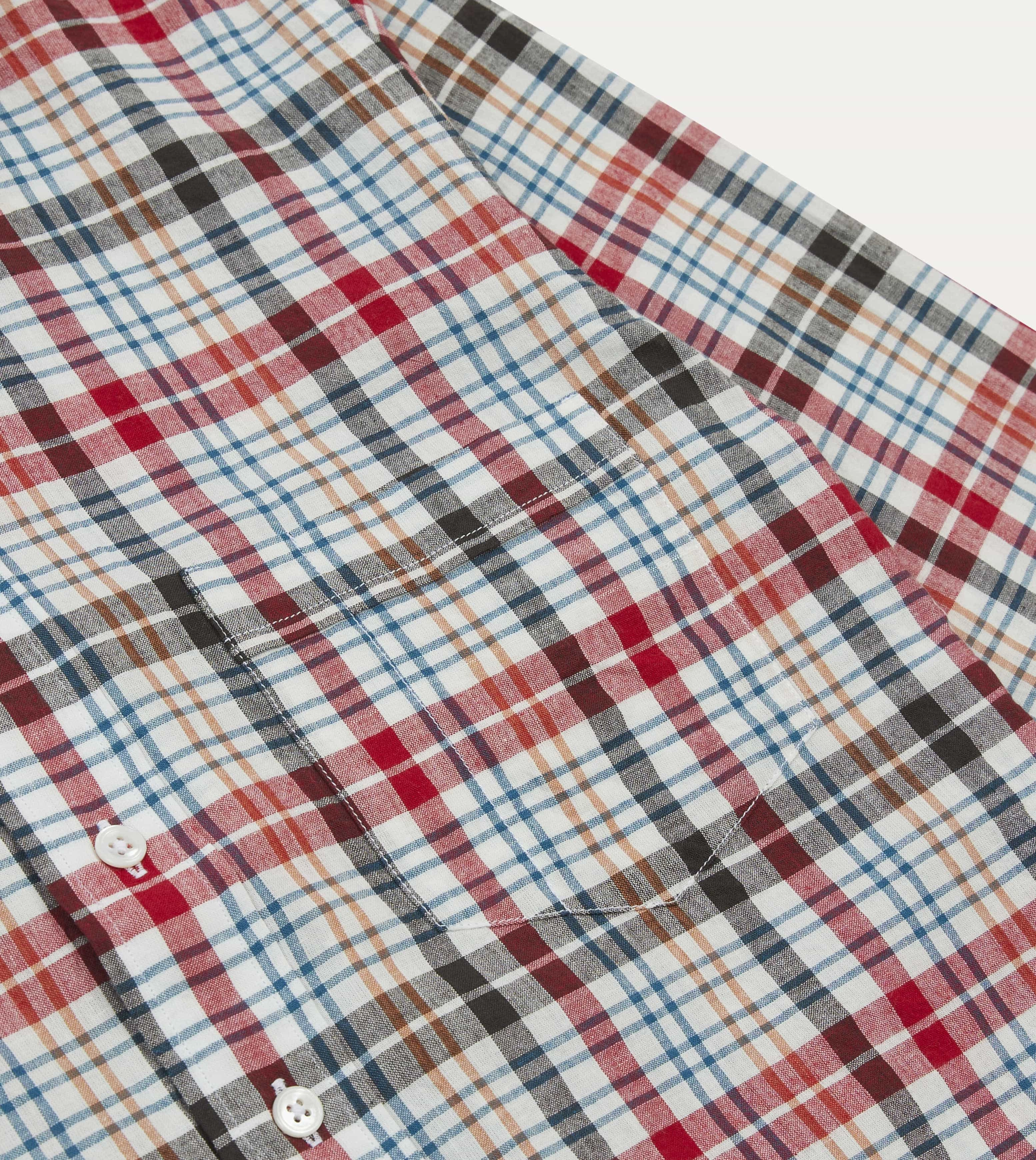 Striped Design Red and Black Madras Check Cotton Button-Down Shirt