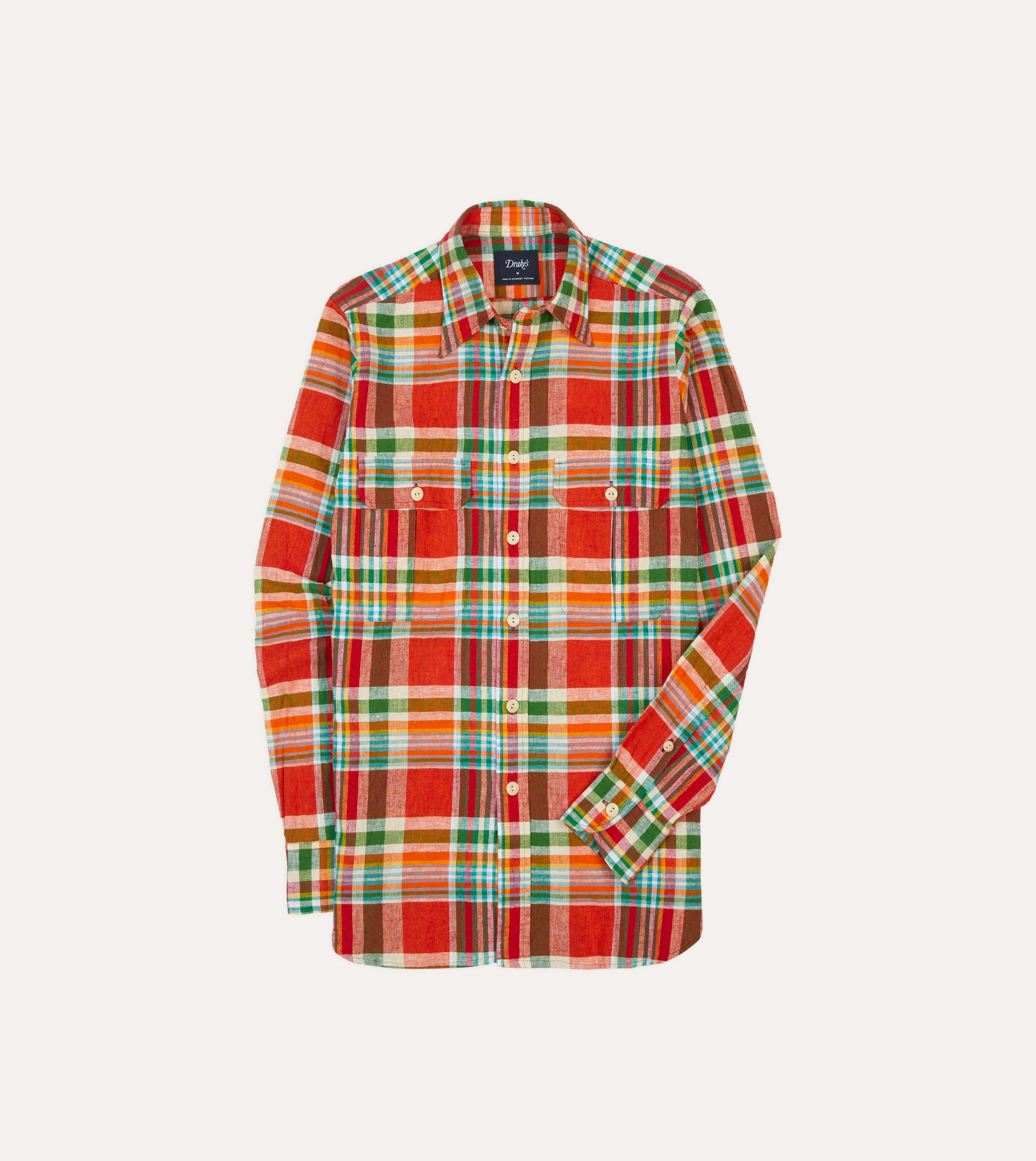 Red and Green Madras Check Cotton-Linen Two-Pocket Work Shirt Workwear Ready