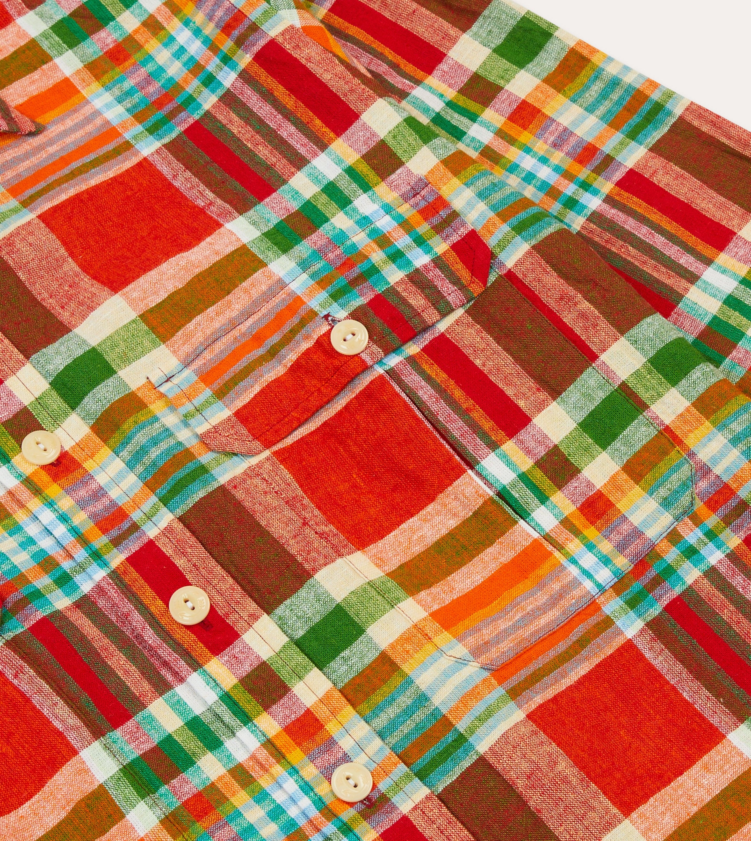 Red and Green Madras Check Cotton-Linen Two-Pocket Work Shirt Cruise Collection Layered Collar