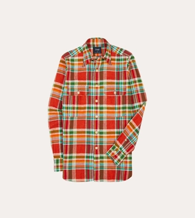 Red and Green Madras Check Cotton-Linen Two-Pocket Work Shirt Workwear Ready