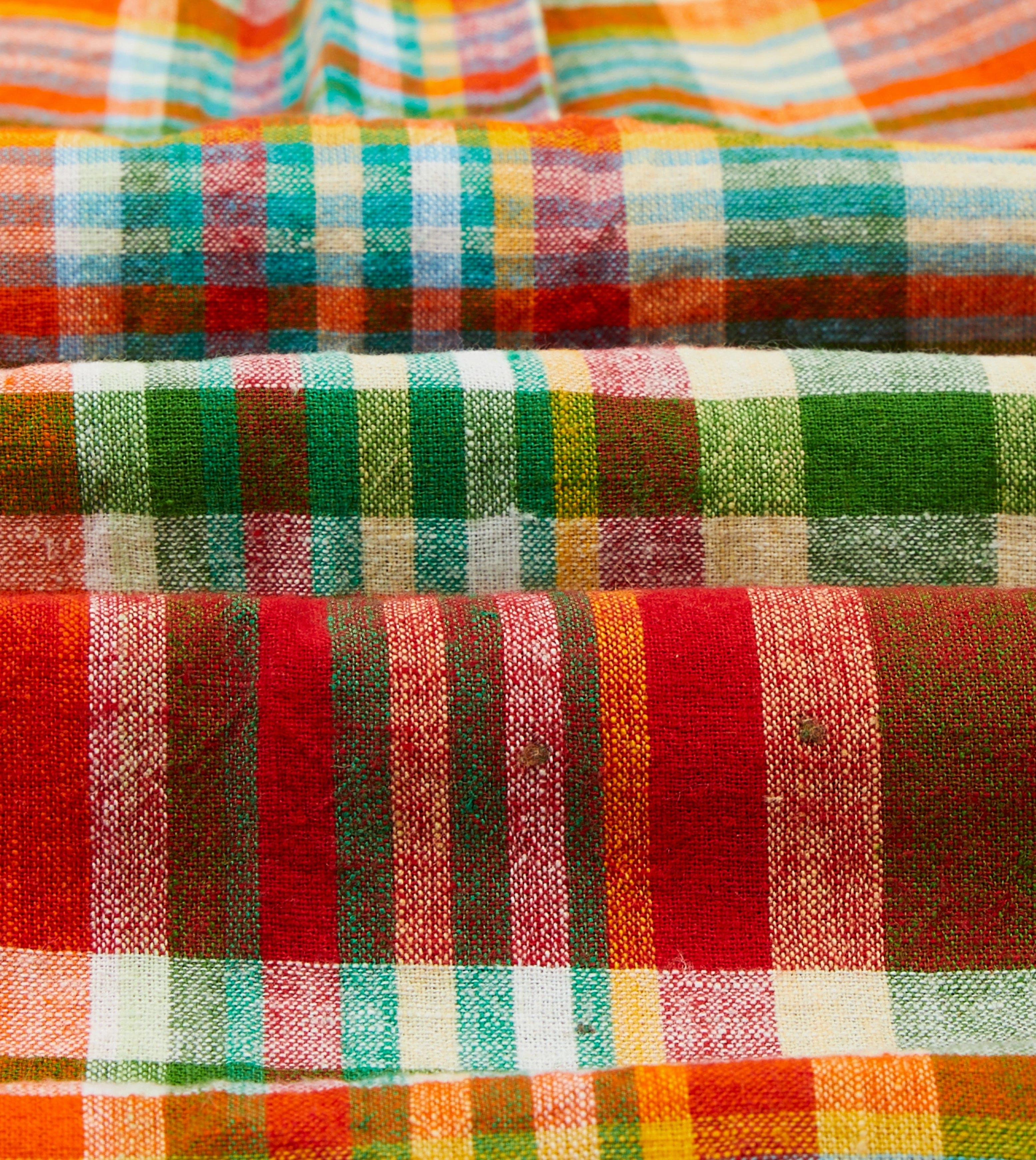 Red and Green Madras Check Cotton-Linen Two-Pocket Work Shirt Minimalist fashion