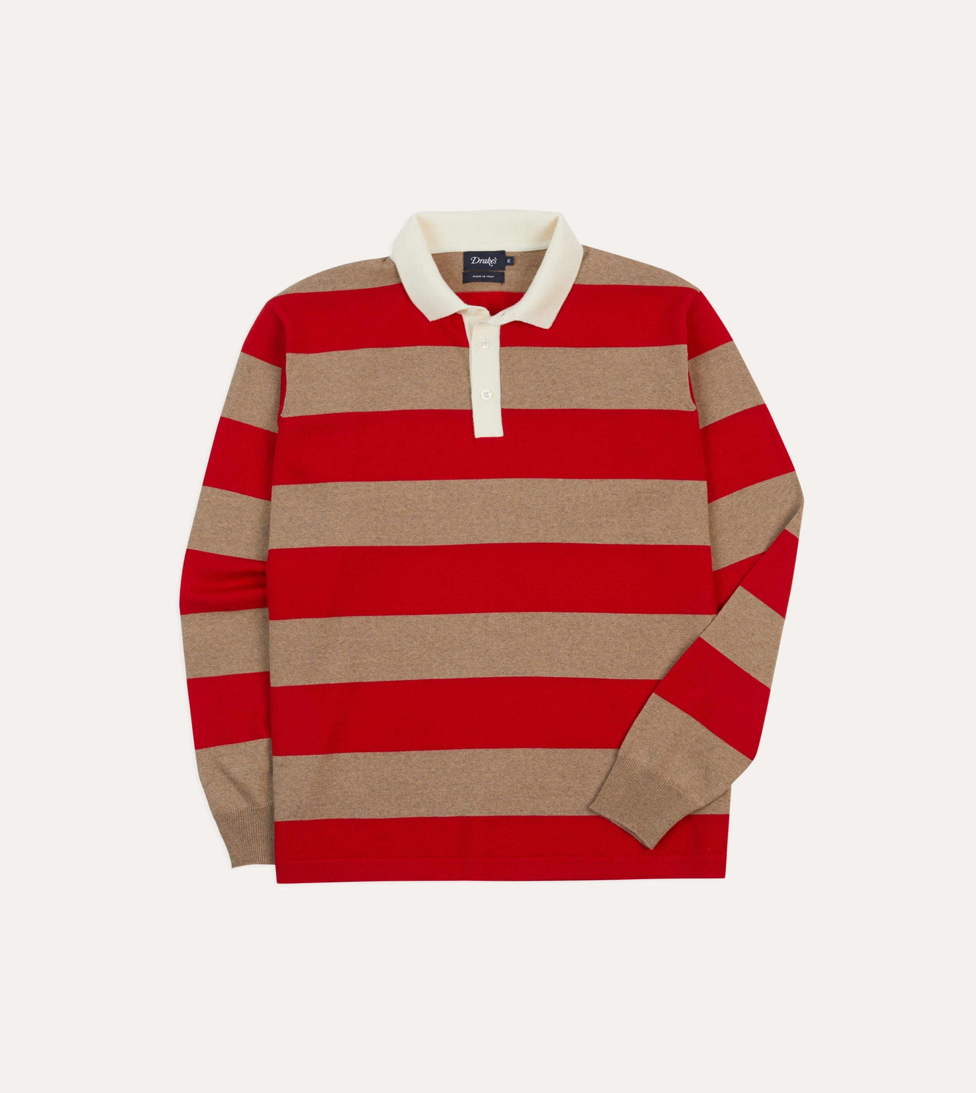 Red and Tan Block Stripe Knitted Rugby Shirt Everyday Outfit
