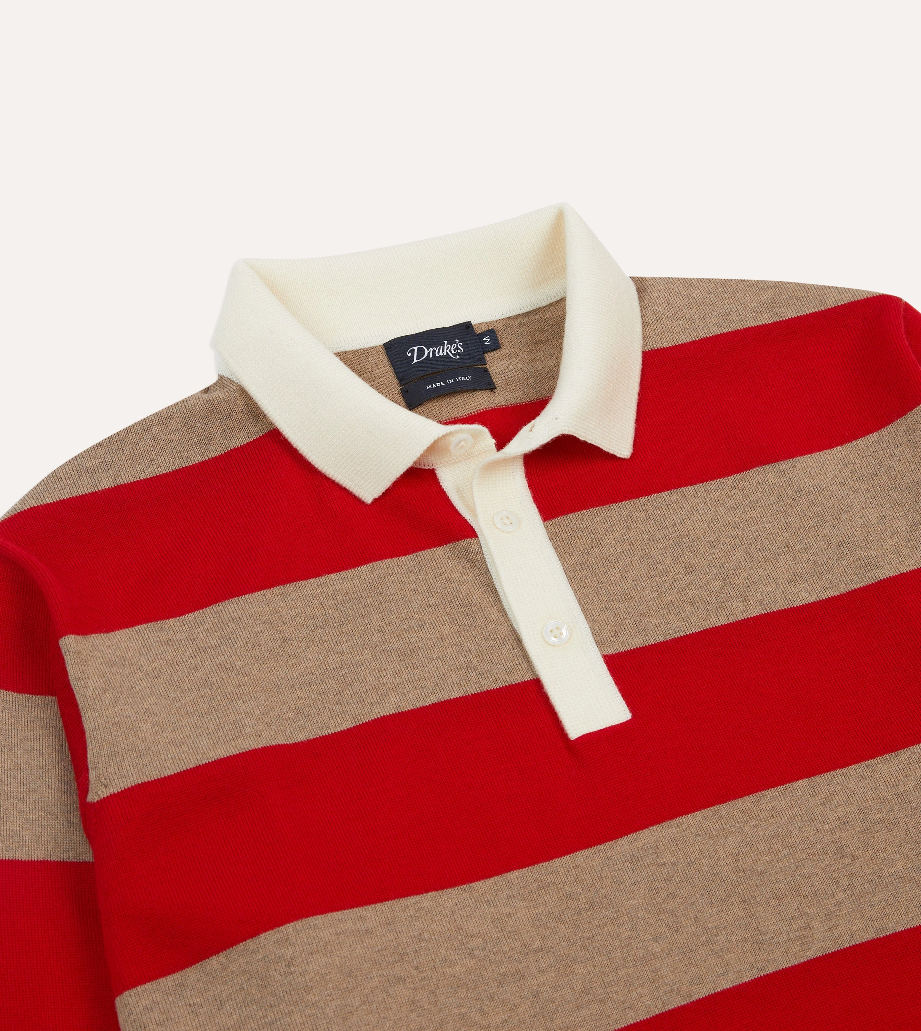 Red and Tan Block Stripe Knitted Rugby Shirt Chic Look Soft Stretch Collar