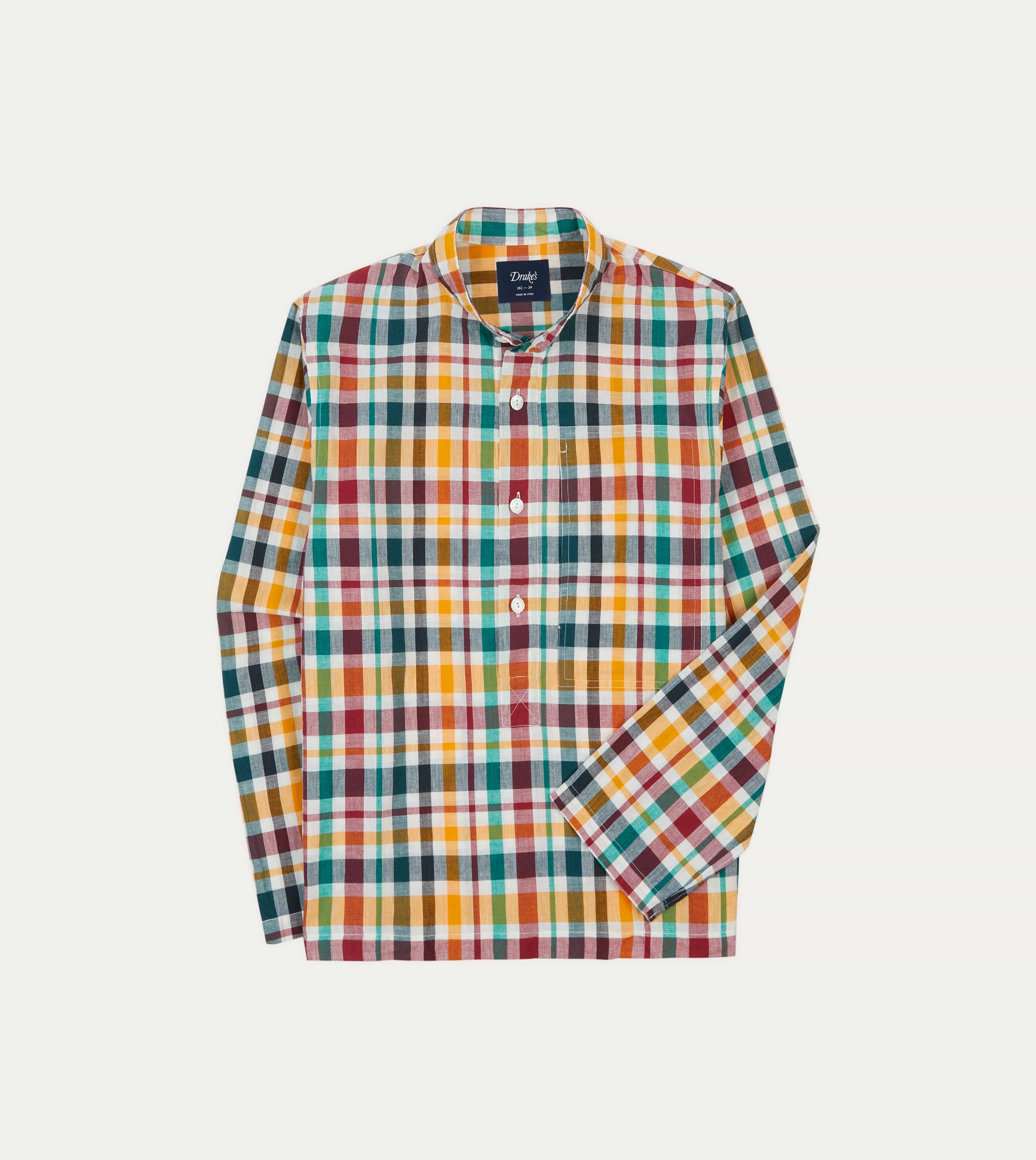 Red, Blue and Green Madras Check Cotton Mandarin Collar Popover Shirt Minimalist Closure