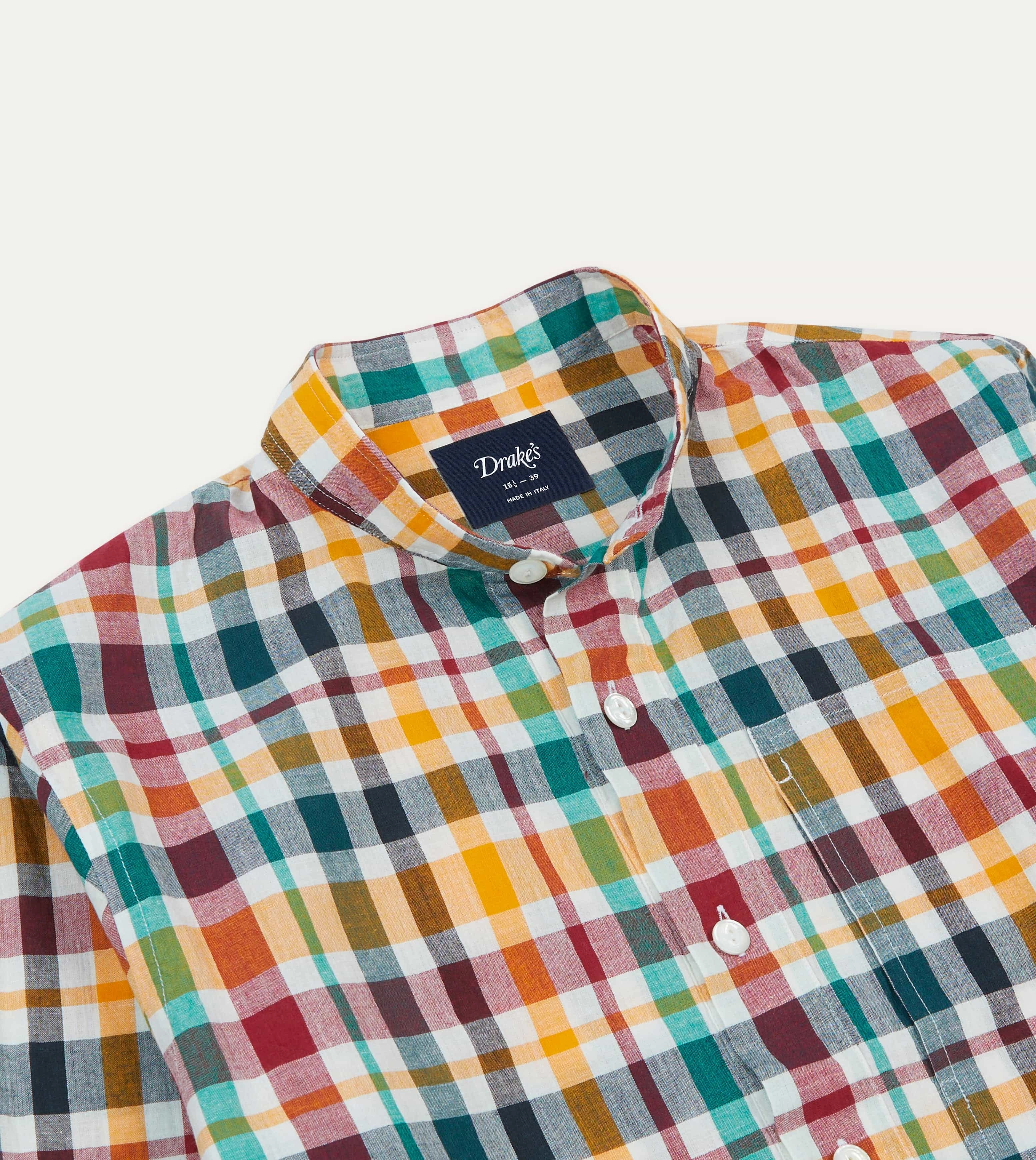 Double Stitched Hems Red, Blue and Green Madras Check Cotton Mandarin Collar Popover Shirt
