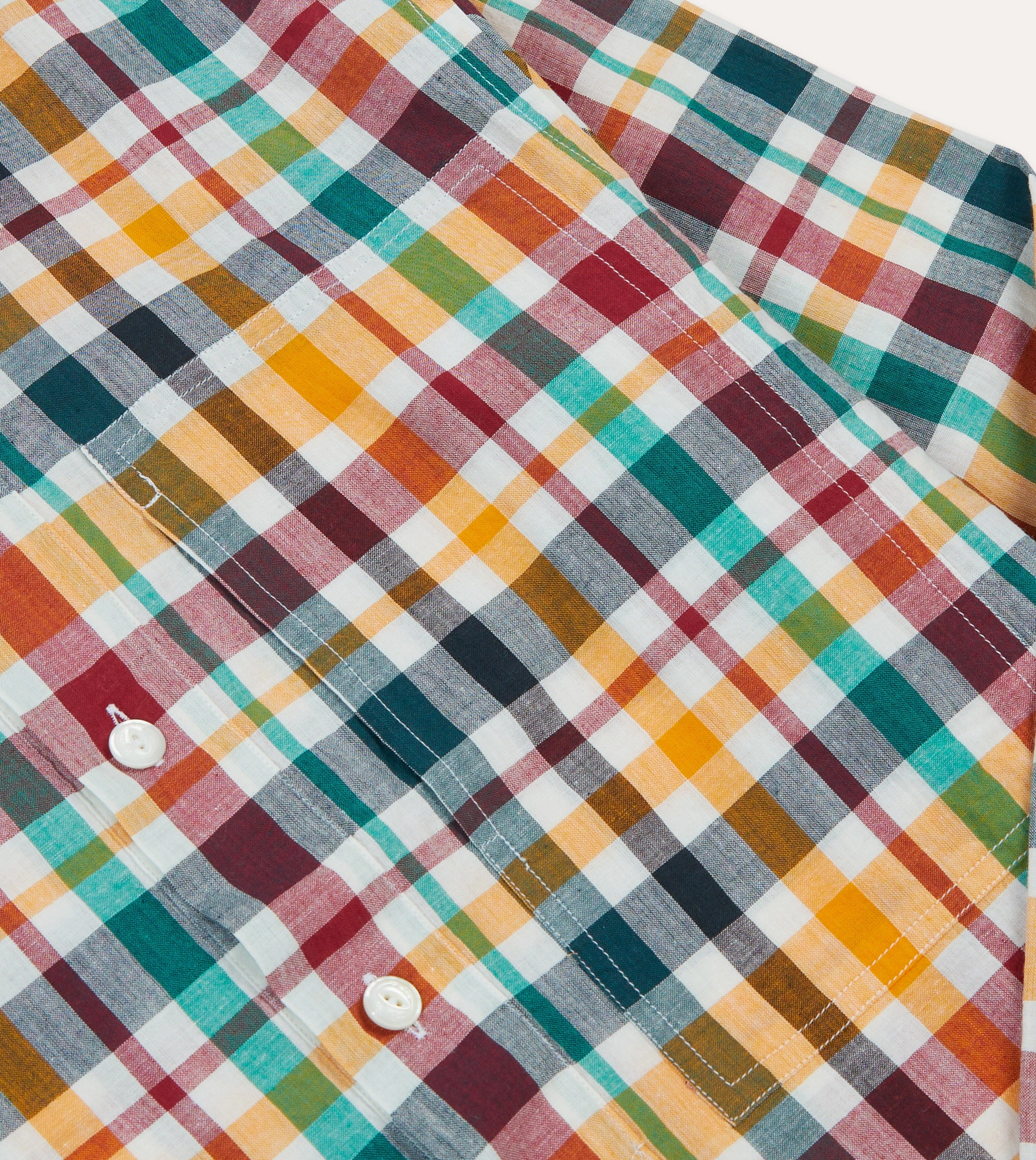 Seamless Shoulder Construction Graduation Ceremony Red, Blue and Green Madras Check Cotton Mandarin Collar Popover Shirt