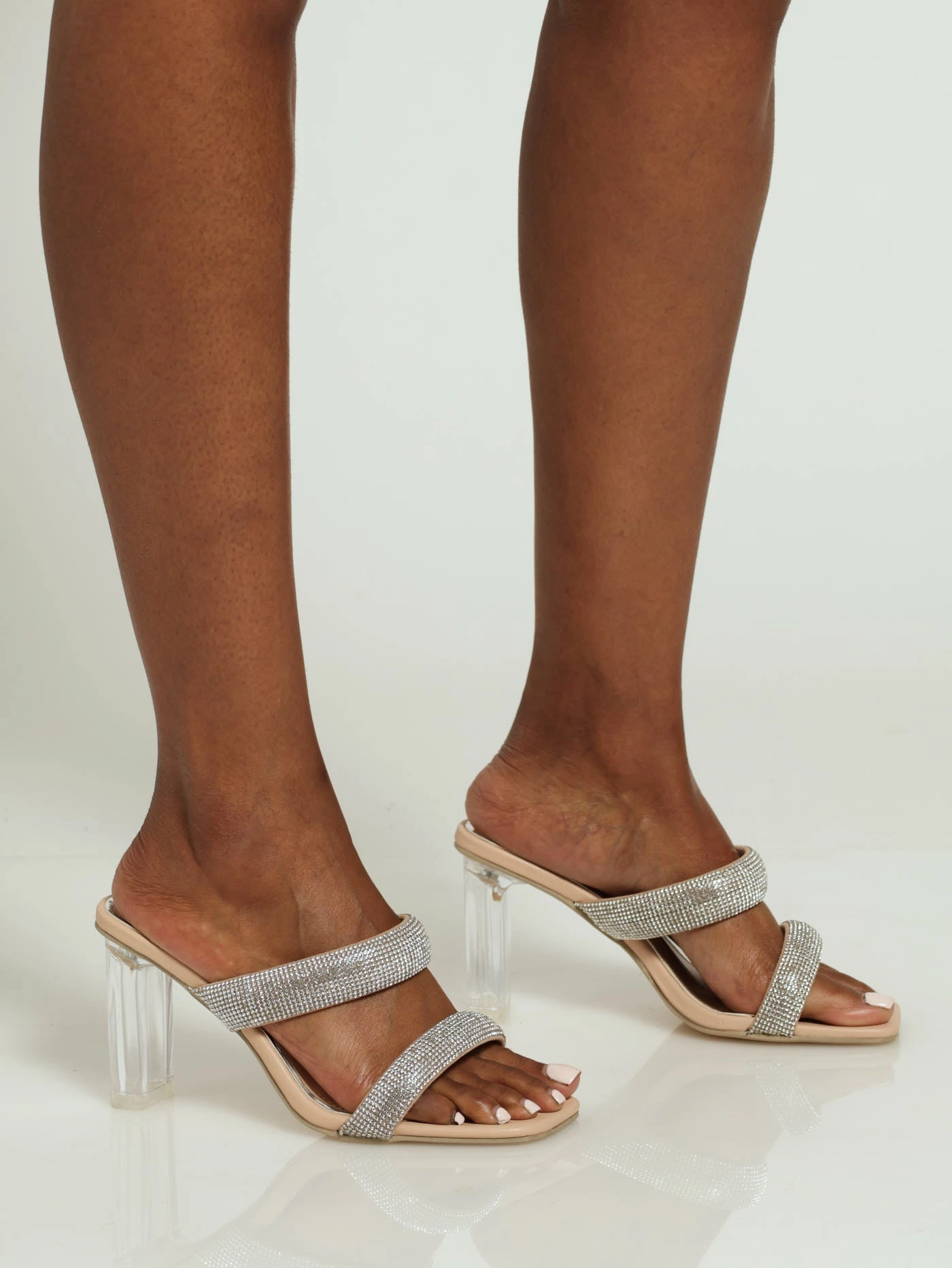 Elegant Footwear Enhanced Mobility Wide Diamante Double Strap Perspex Mule Wheel - Nude