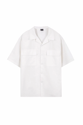 Relaxed-Fit Flapped Pocket Cuban Collar Top - Cream [AT] Relaxed Vibe