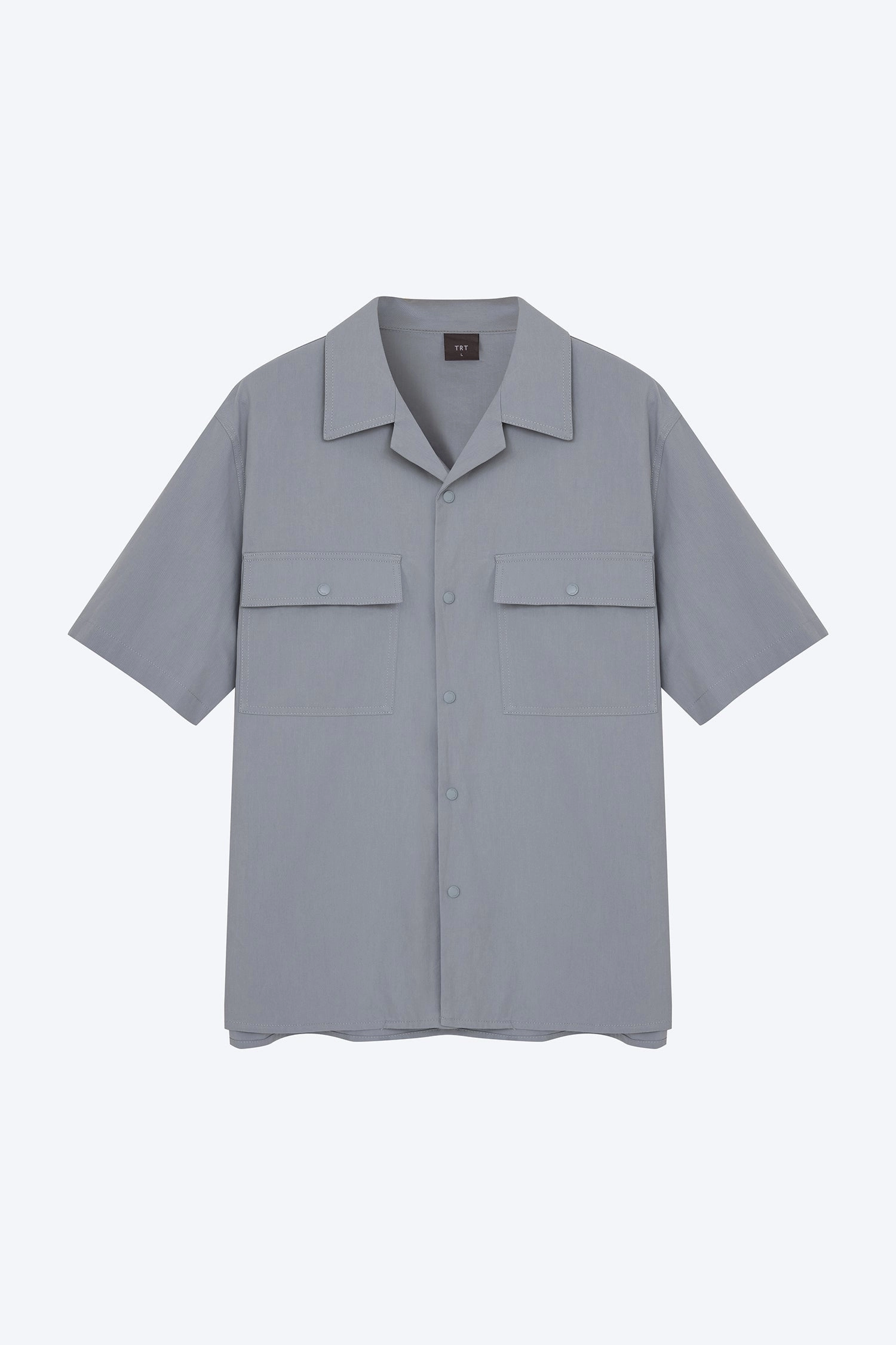 Relaxed-Fit Flapped Pocket Cuban Collar Top - Dusty Blue Minimal Comfort Easy Fit