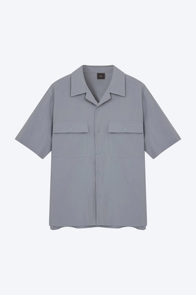 Reinforced Neckline Ultra Soft Finish Relaxed-Fit Flapped Pocket Cuban Collar Top - Dusty Blue