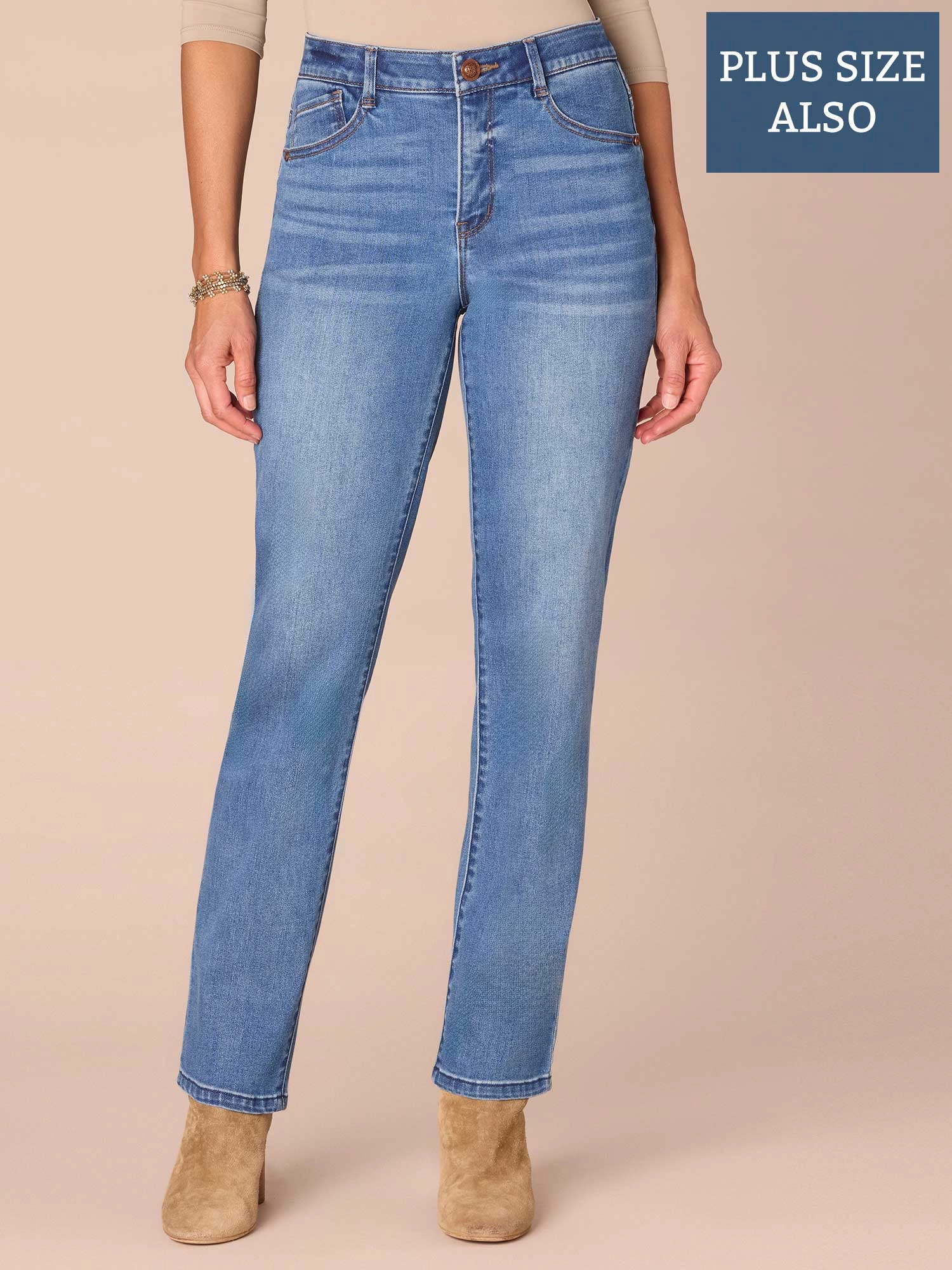 "Ab"solution? High Rise Straight Leg Plus Size Jeans in Mid Blue Mid Rise Fit