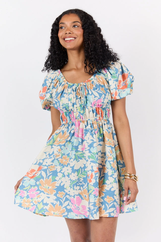 Fine Details Easy Movement Remember Me Teal Multi Floral Short Sleeve Mini Dress FINAL SALE