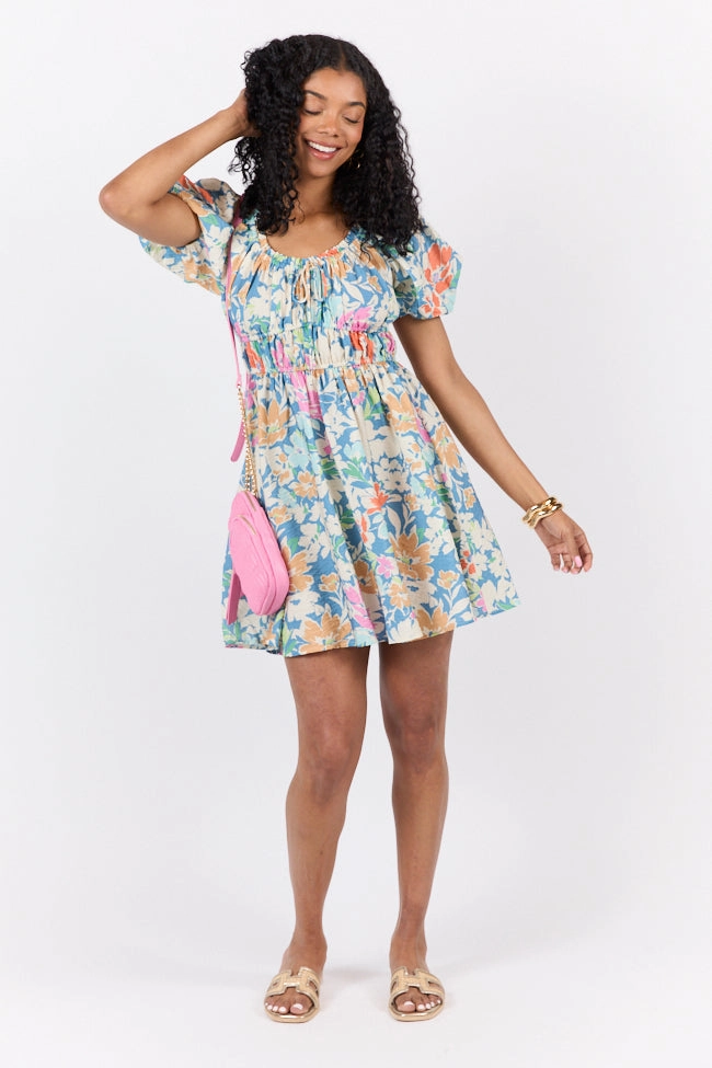 soft fit Chill Edge Remember Me Teal Multi Floral Short Sleeve Mini Dress FINAL SALE