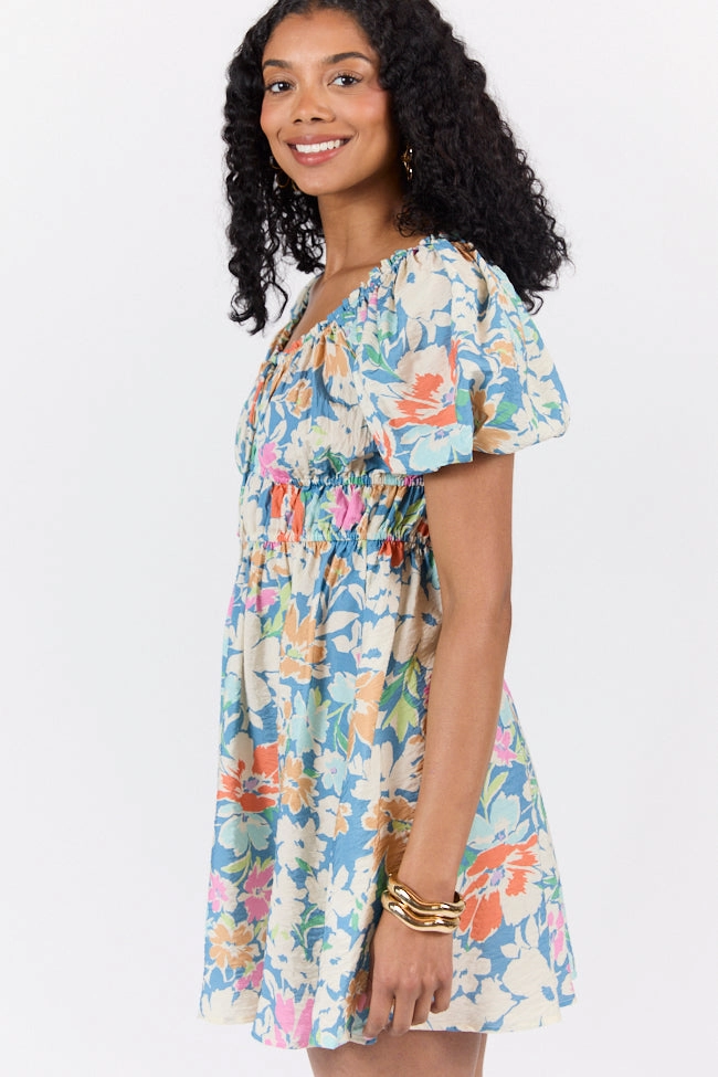 Remember Me Teal Multi Floral Short Sleeve Mini Dress FINAL SALE Comfortable fit dress for all body types