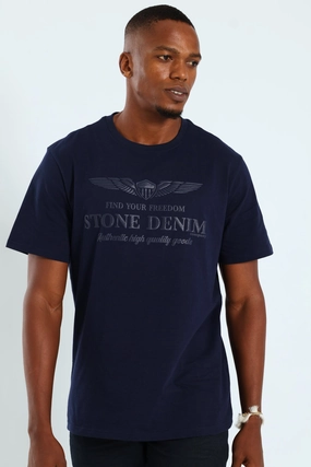 Trendy Casual Wear Wings Shield HD Puff Print Tee - Navy