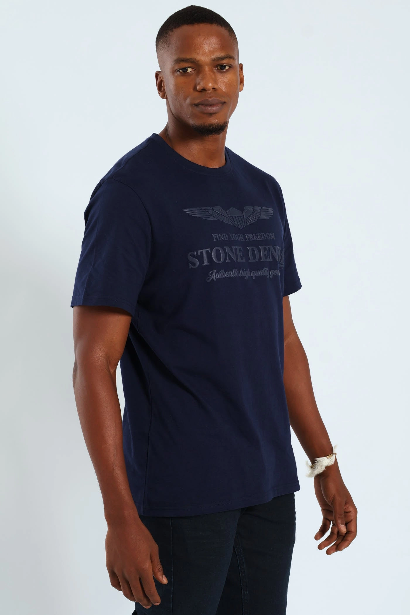 SeamlessConstruction Chic and Cozy Wear Wings Shield HD Puff Print Tee - Navy