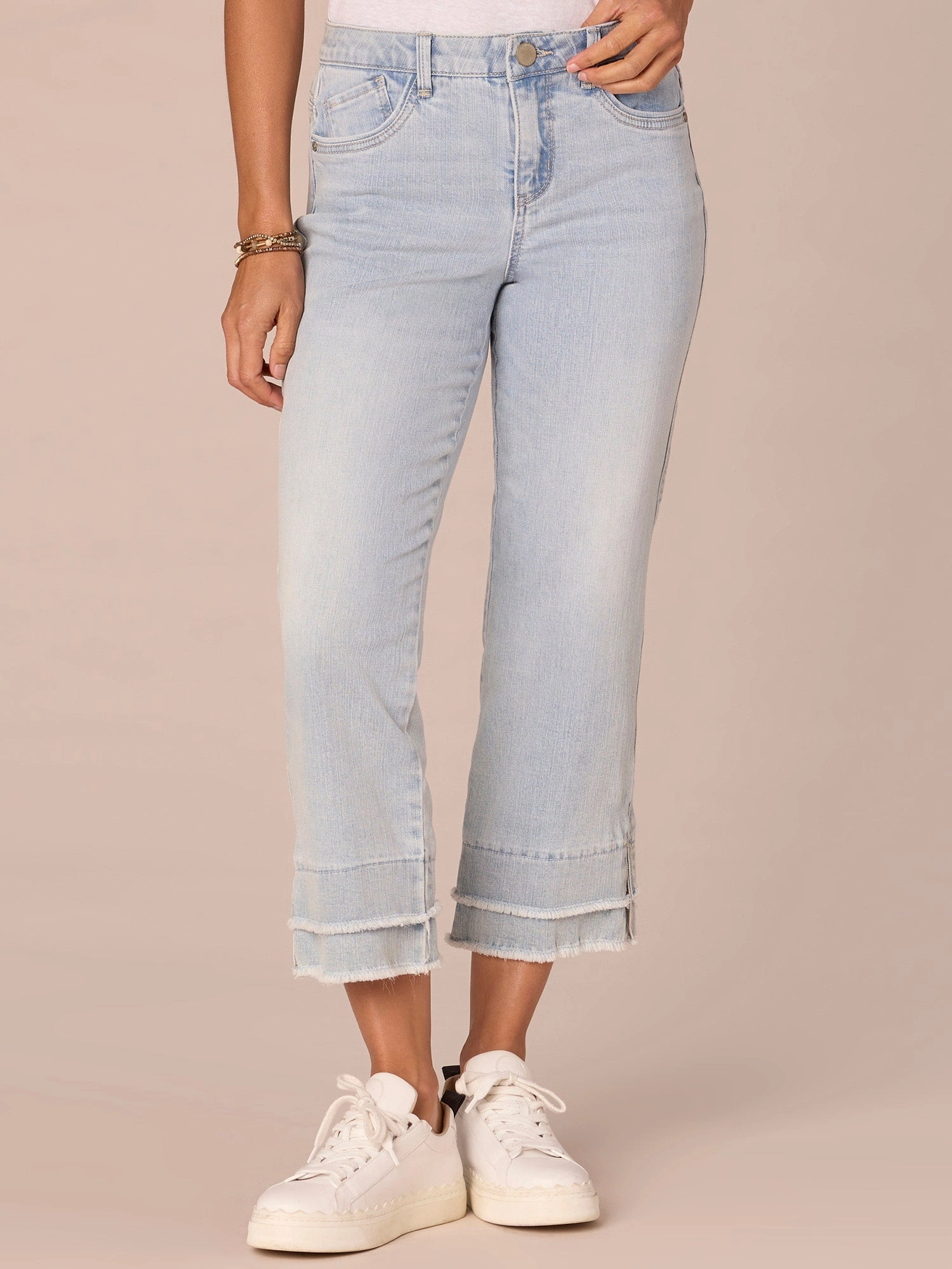 Party Look Modern Minimalist "Ab"solution Mid-Rise Double Layer Fray Hem Flare Petite Jeans