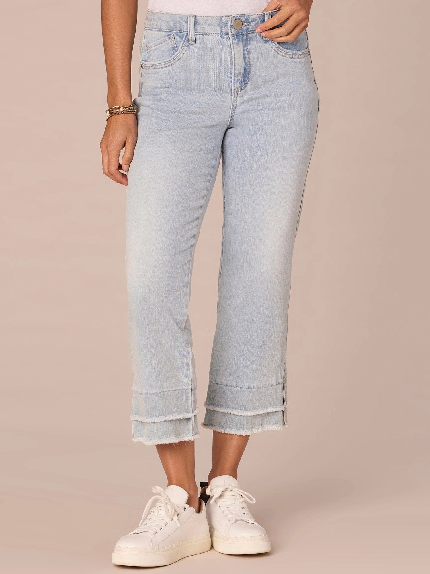 Essential Piece "Ab"solution Mid-Rise Double Layer Fray Hem Flare Petite Jeans