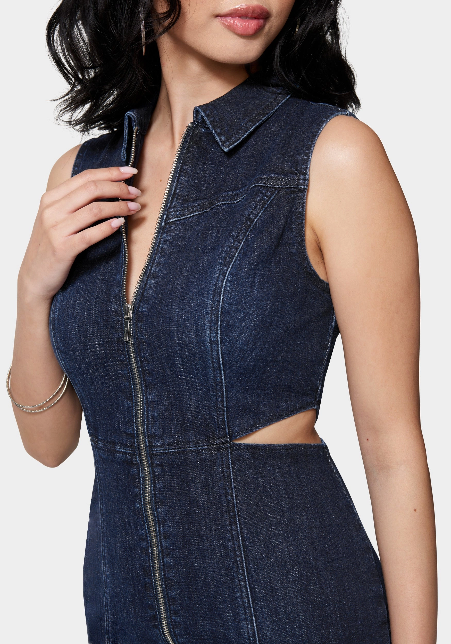 Cool Form Front Zip Side Cut Out Denim Dress