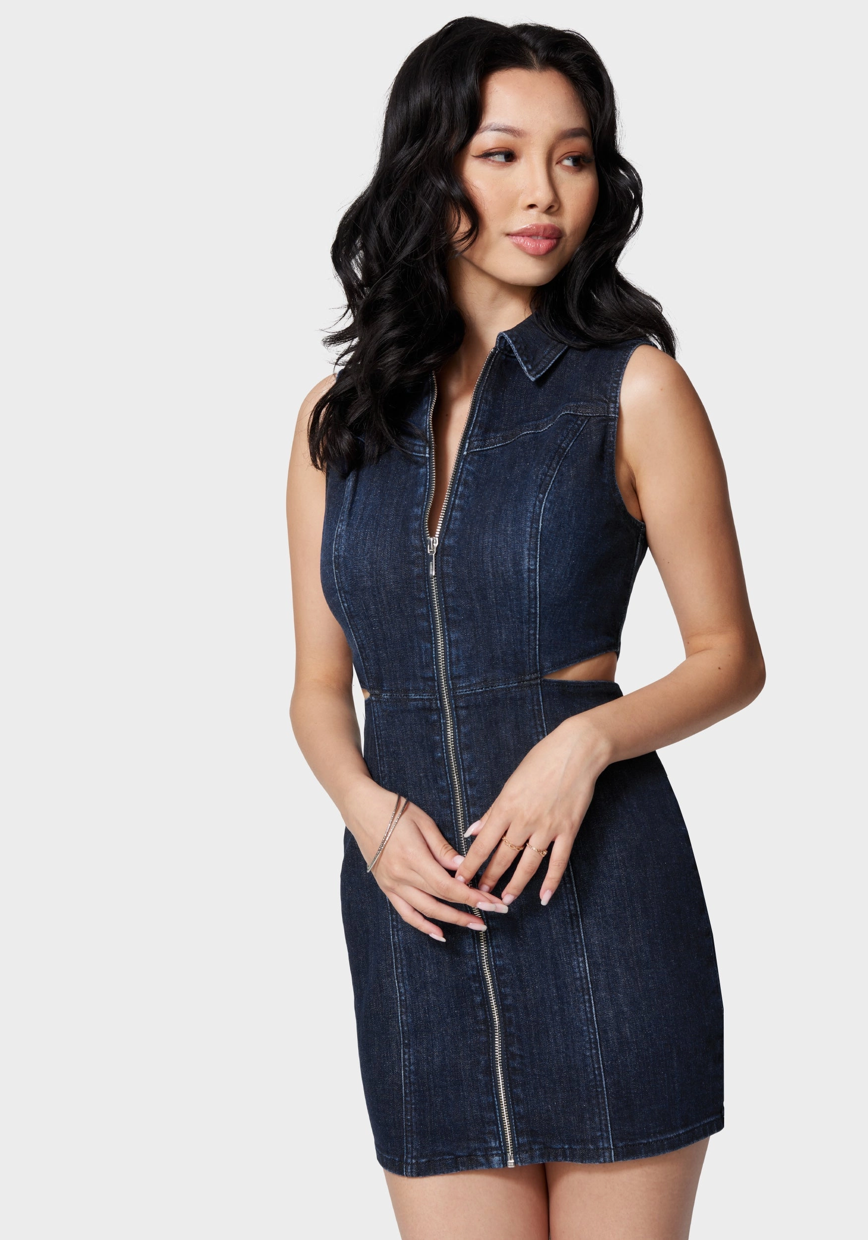 All-Day Fit Modern Layering Front Zip Side Cut Out Denim Dress
