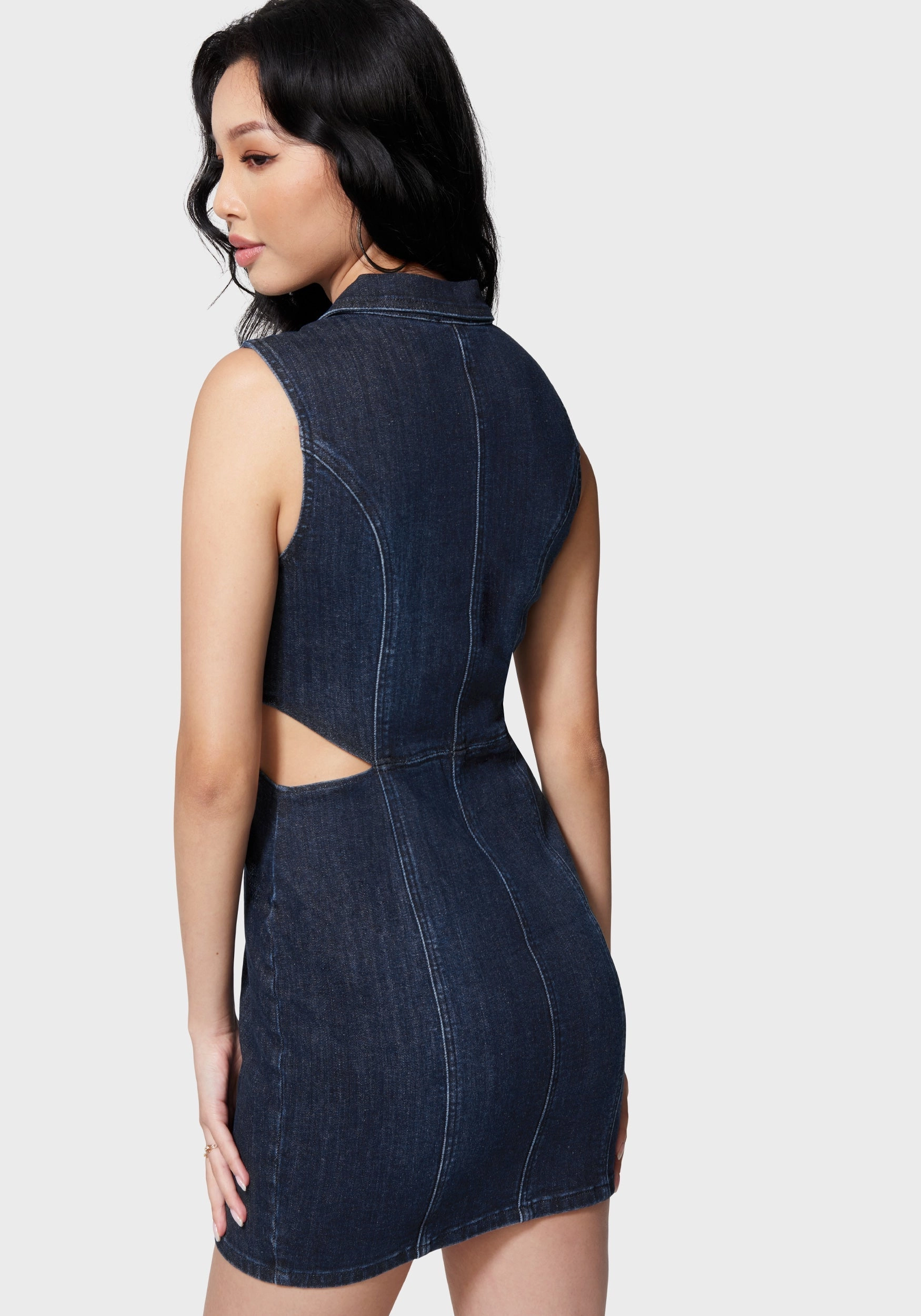 Travel Essential Front Zip Side Cut Out Denim Dress