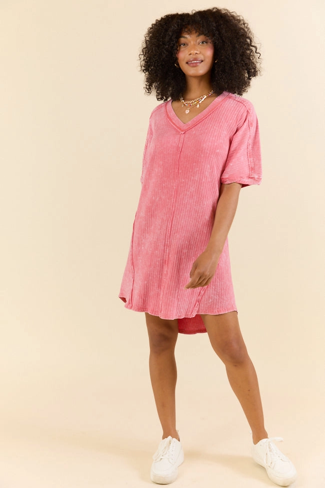 Lace Accent High Temperatures Hot Pink Acid Wash Knit Dress FINAL SALE