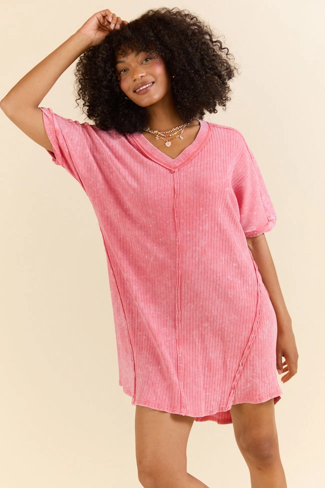 High Temperatures Hot Pink Acid Wash Knit Dress FINAL SALE Form Focus Korean Trend
