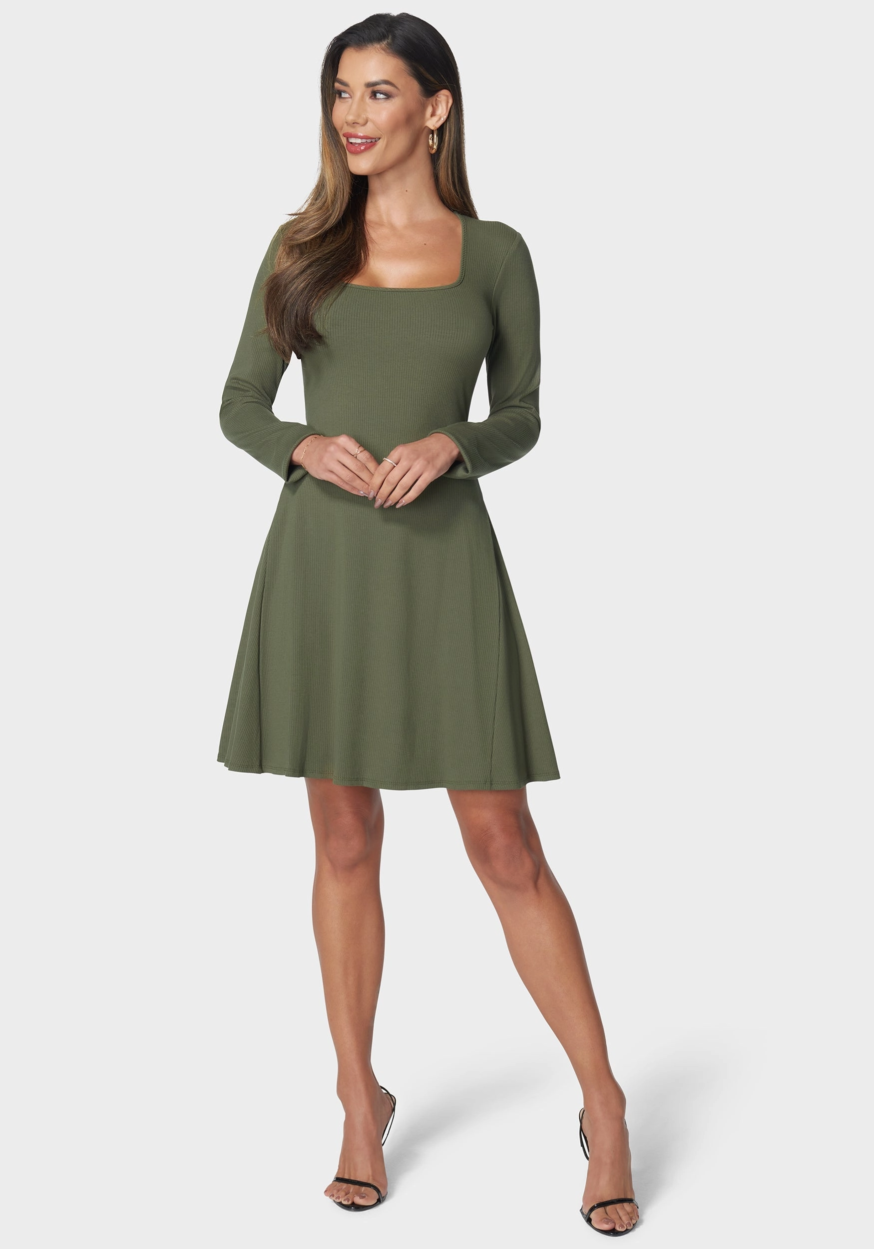 perfect for events Rib Long Sleeve Godet Dress
