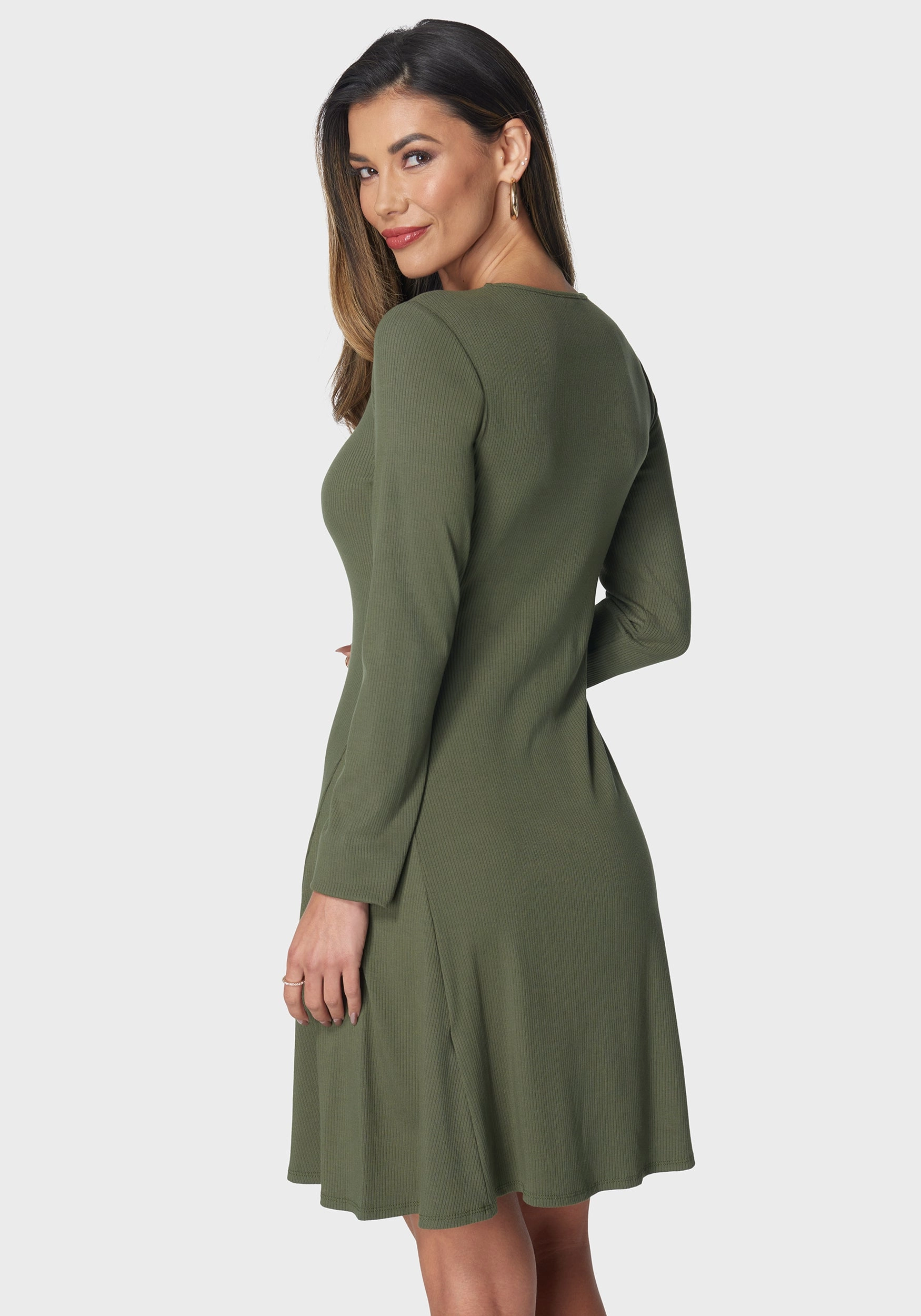 Rib Long Sleeve Godet Dress Smart Fit