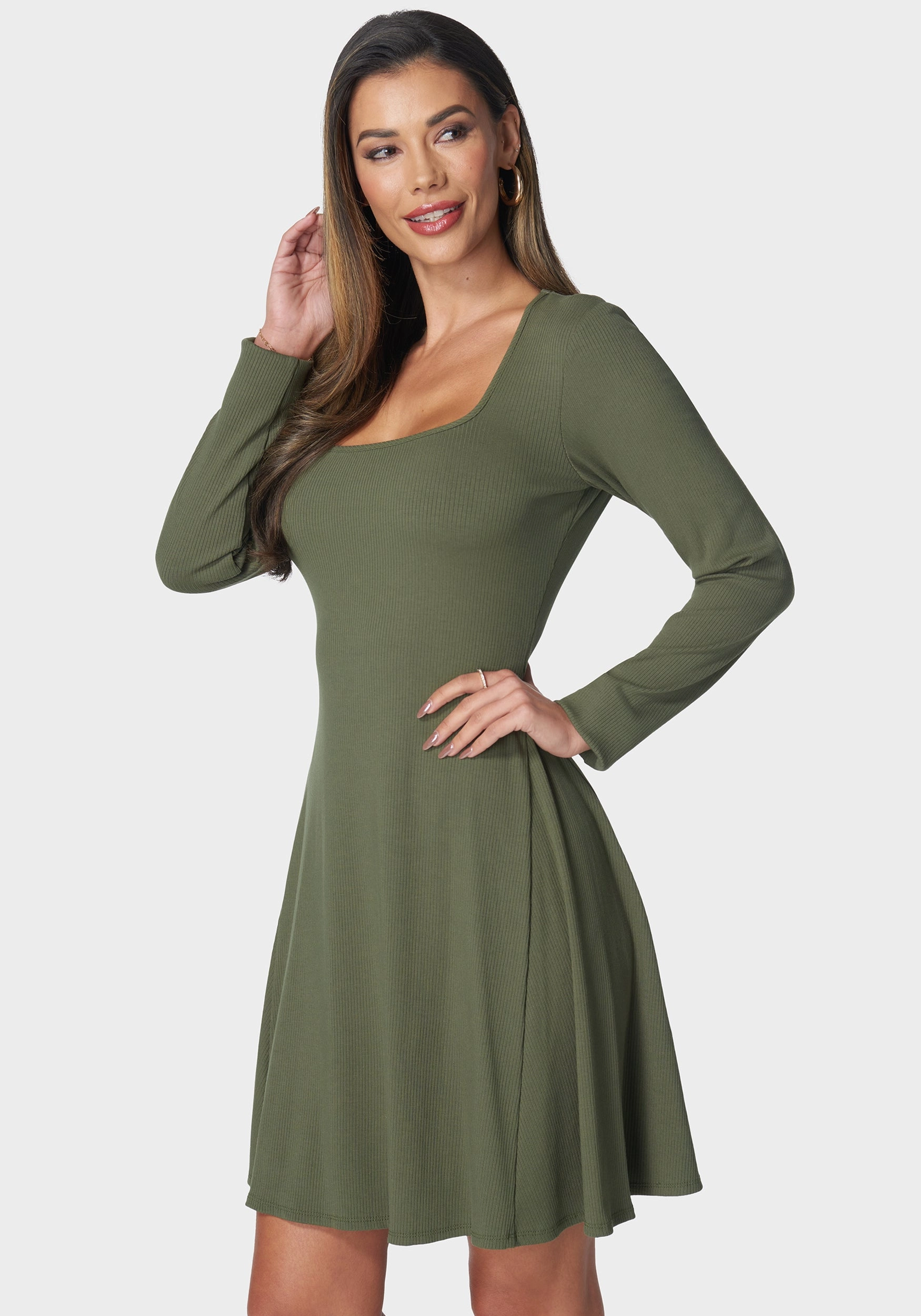 Autumn Look Rib Long Sleeve Godet Dress