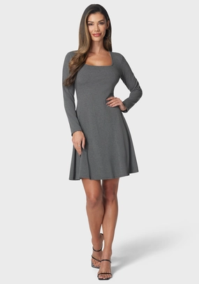 Side-Zip Rib Long Sleeve Godet Dress