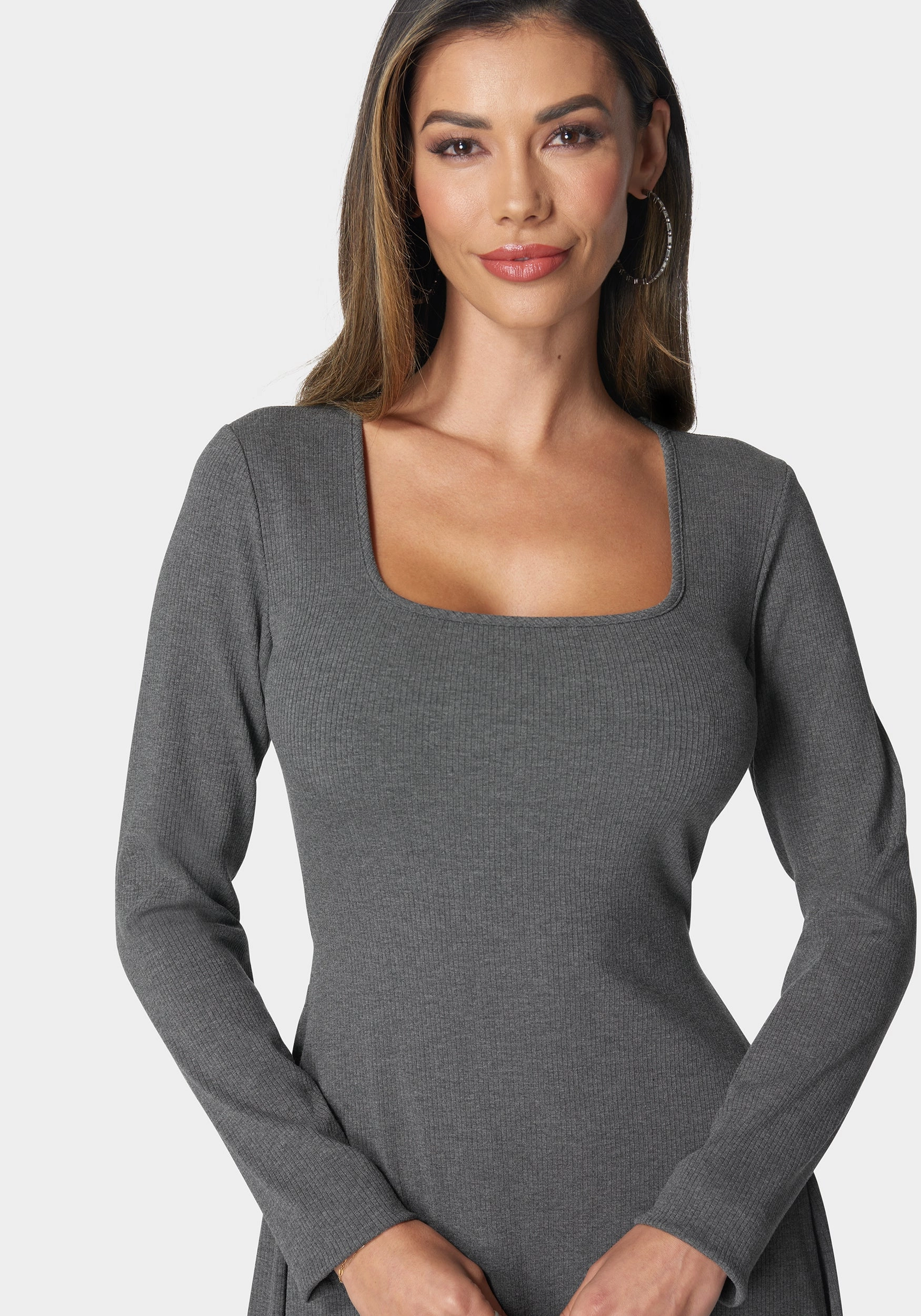 Rib Long Sleeve Godet Dress Tonal-Stitching