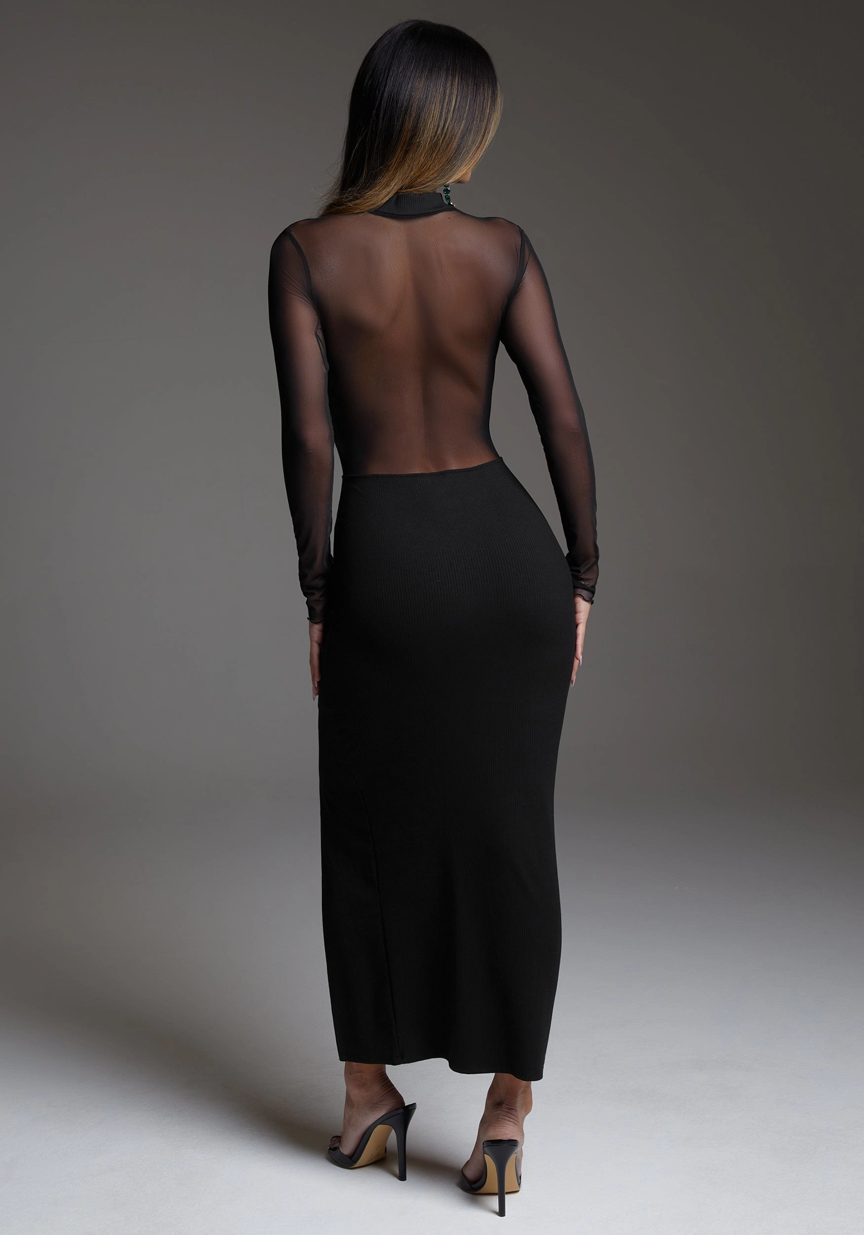 Office Cool Neutral Base Rib Mock Neck Maxi Dress With Powermesh