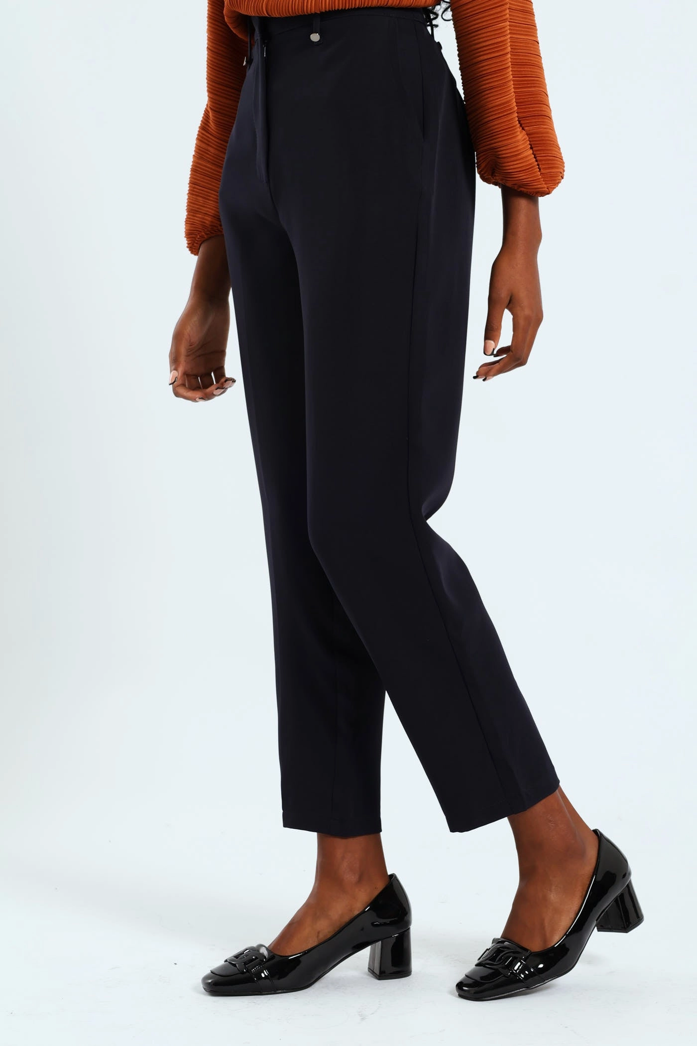 Rivet Detail Slim Leg Pants - Navy SoftTouchFinish Trendy Wear