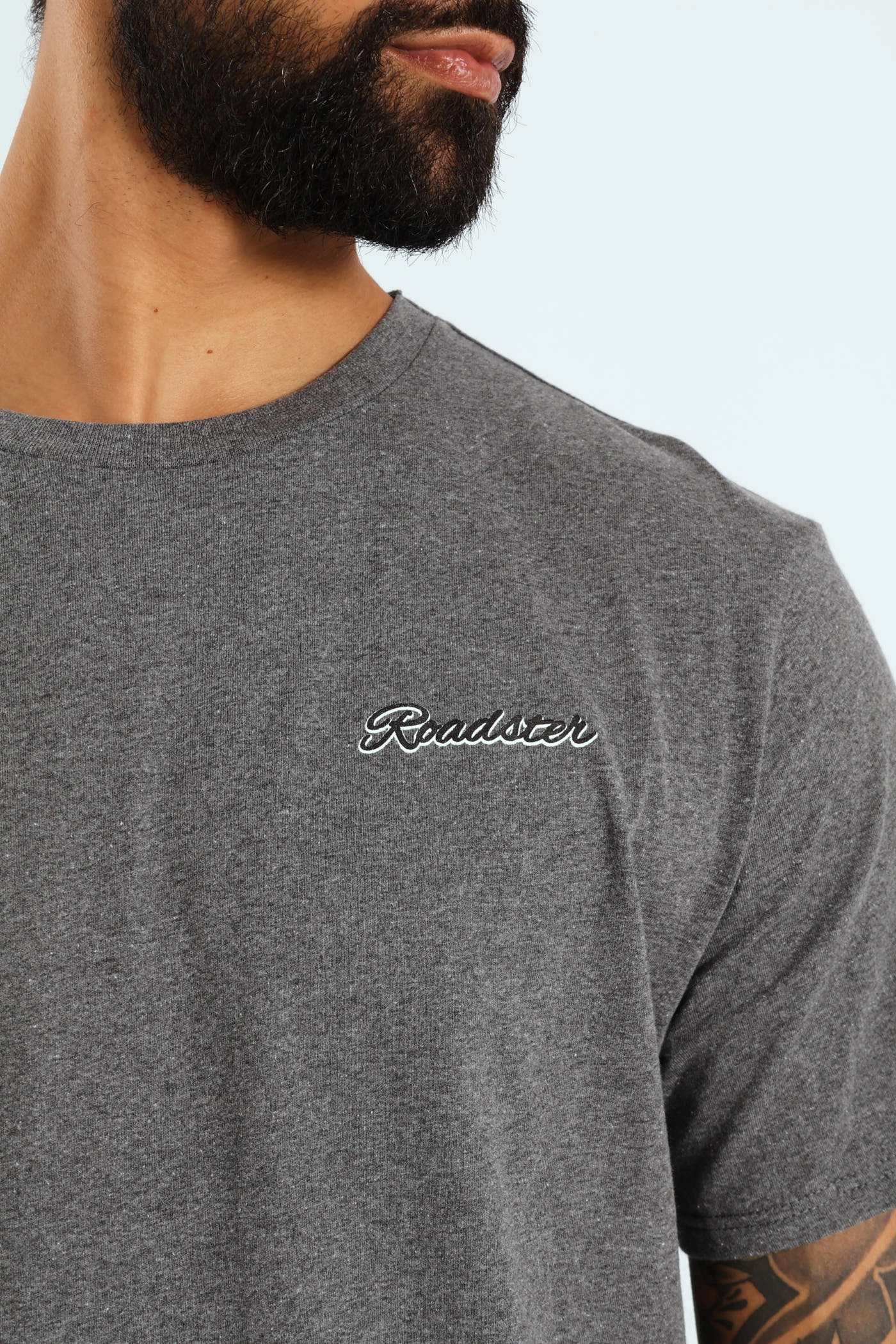 Chilly Weather Style Leather combination Roadster Front & Back Print Tee - Charcoal Melange