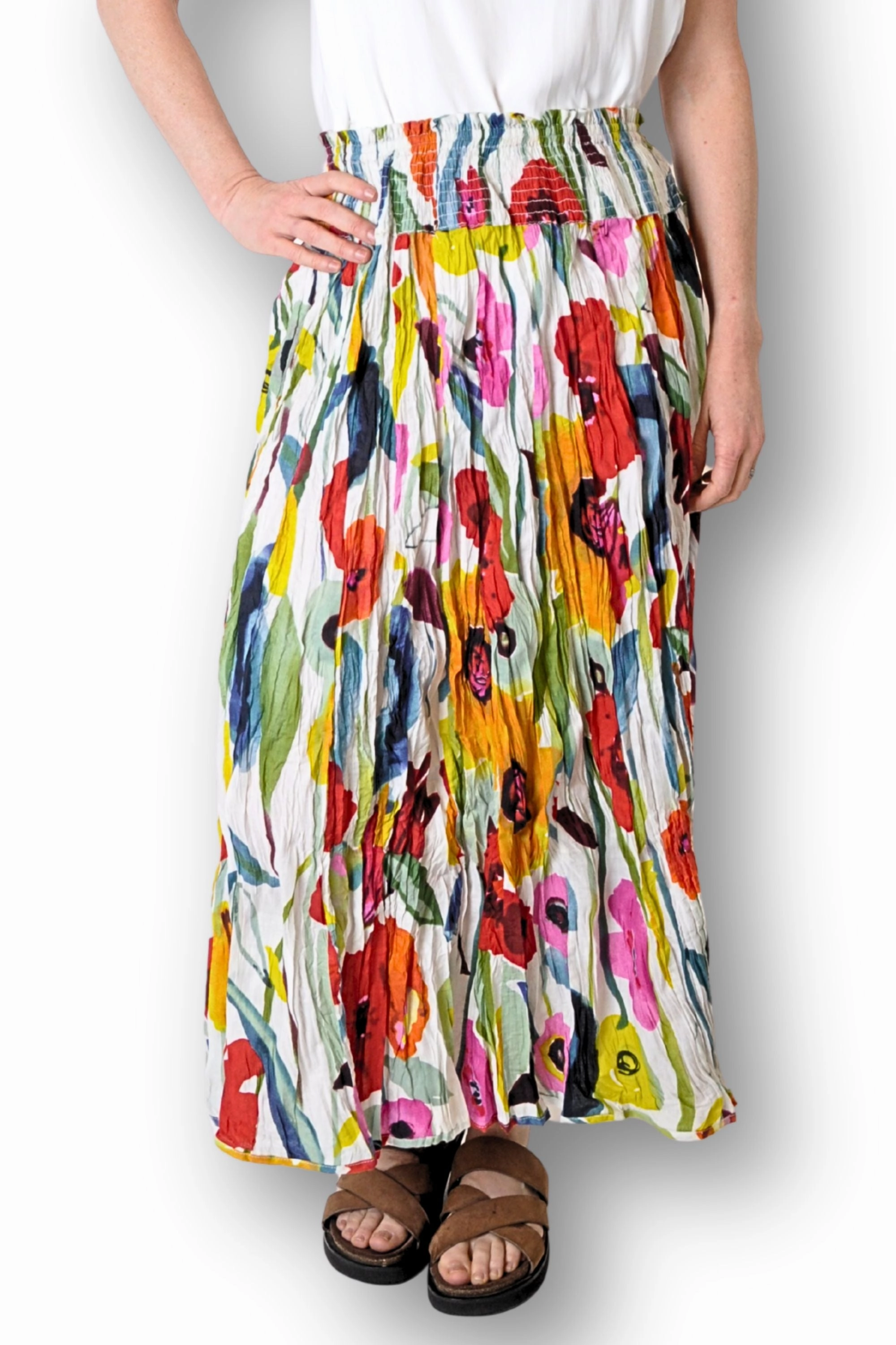 SHIRRED WAIST MAXI SKIRT - JAJA-5AK Water Repellent Finish lace accents